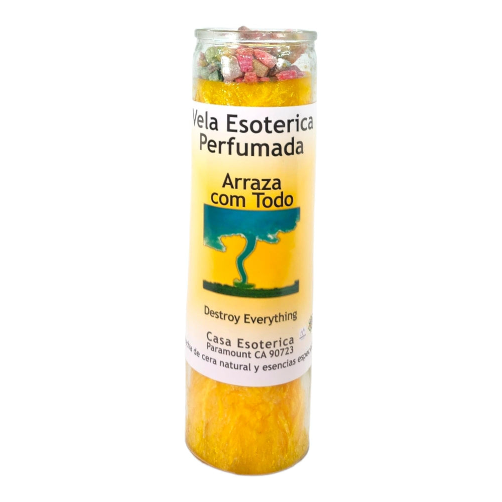 Magick Space Destroy Everything palm wax candle yellow full view for cleansing rituals