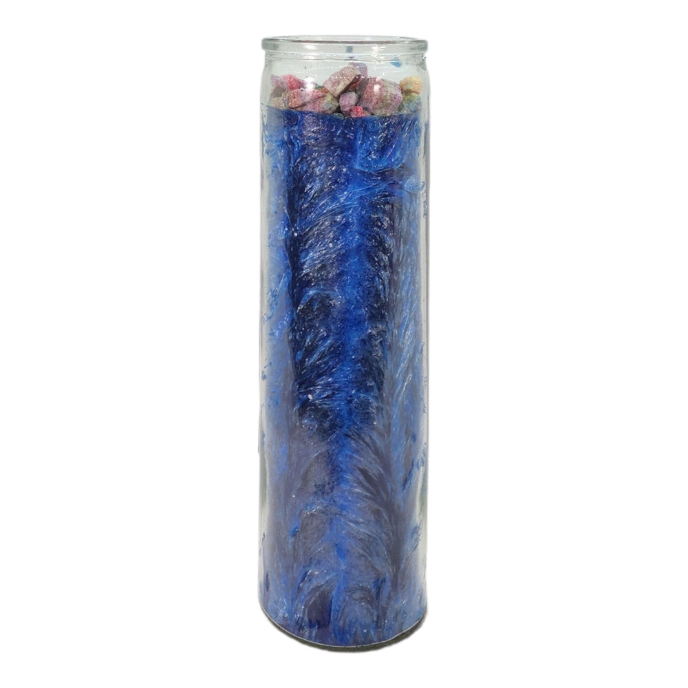 Close-up of the wick on MAGICK SPACE Law Stay Away blue candle for focused intention