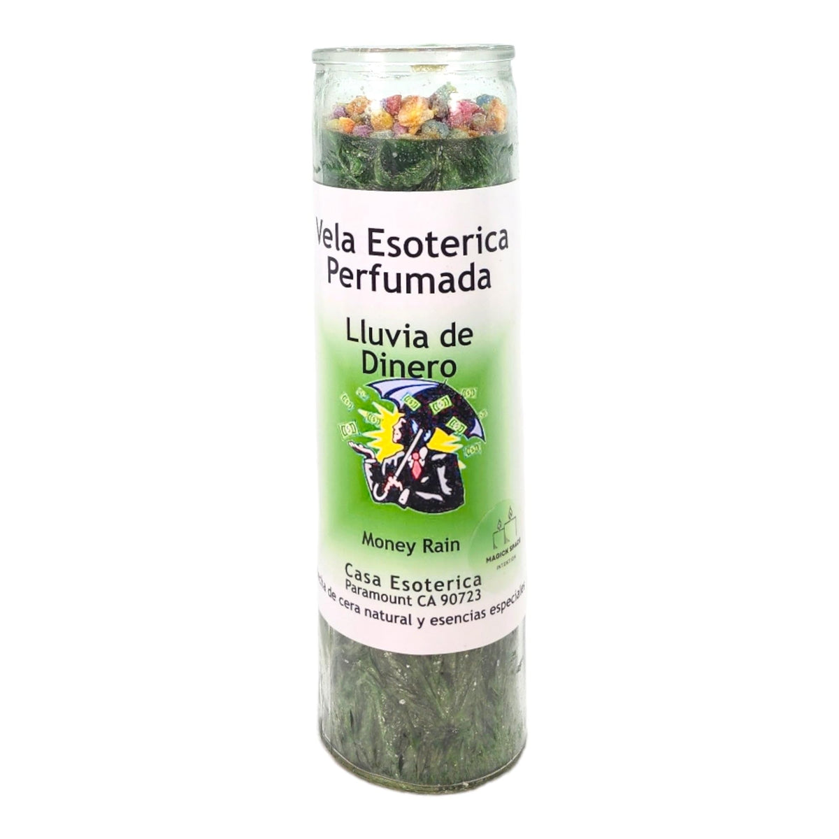 MAGICK SPACE Money Rain Palm Wax Candle in green glow for prosperity rituals.