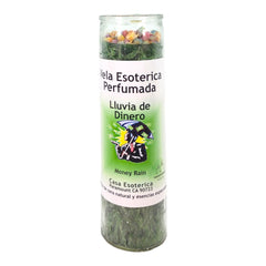 MAGICK SPACE Money Rain Palm Wax Candle in green glow for prosperity rituals.