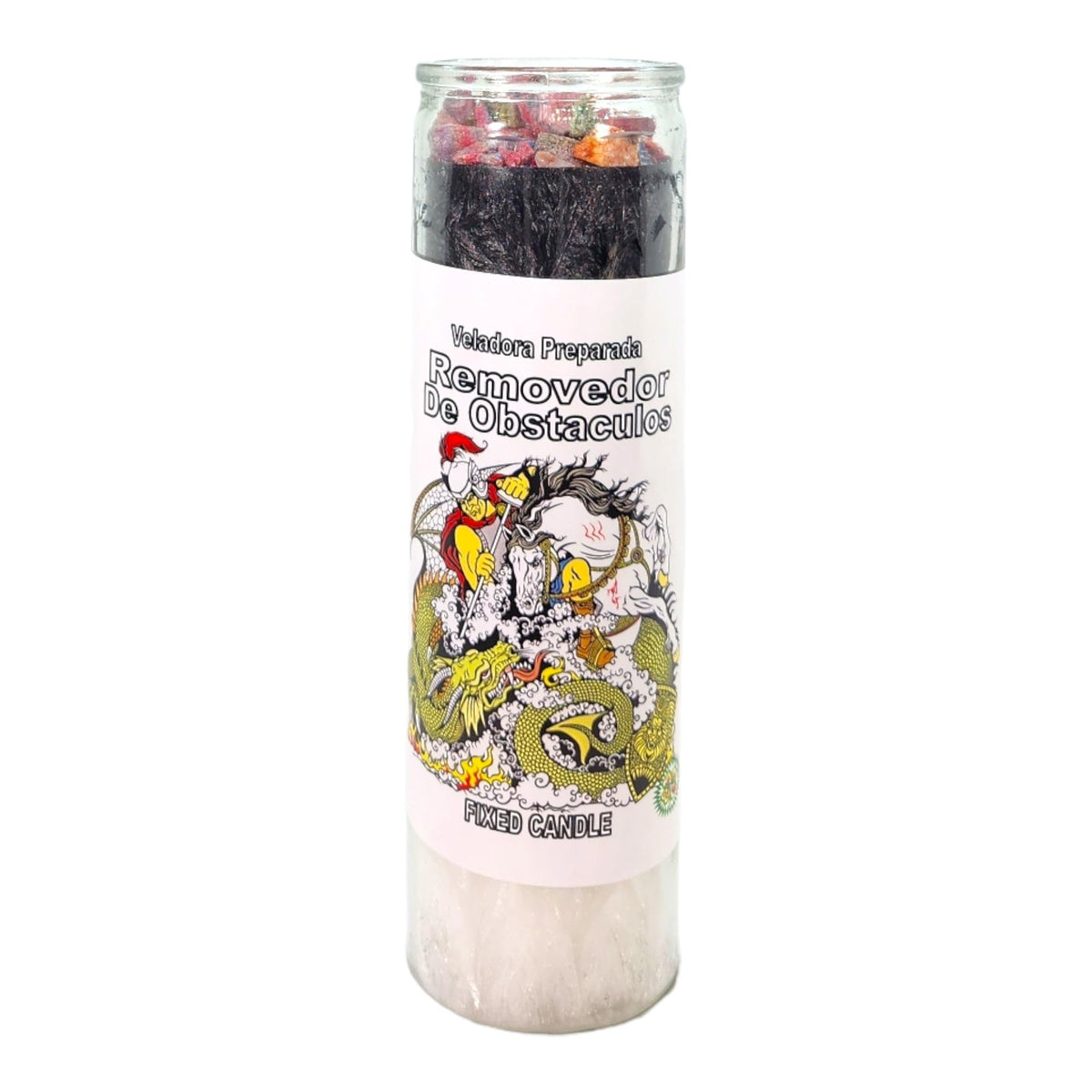 MAGICK SPACE Remove Obstacles candle in black glass enhances focus during rituals.