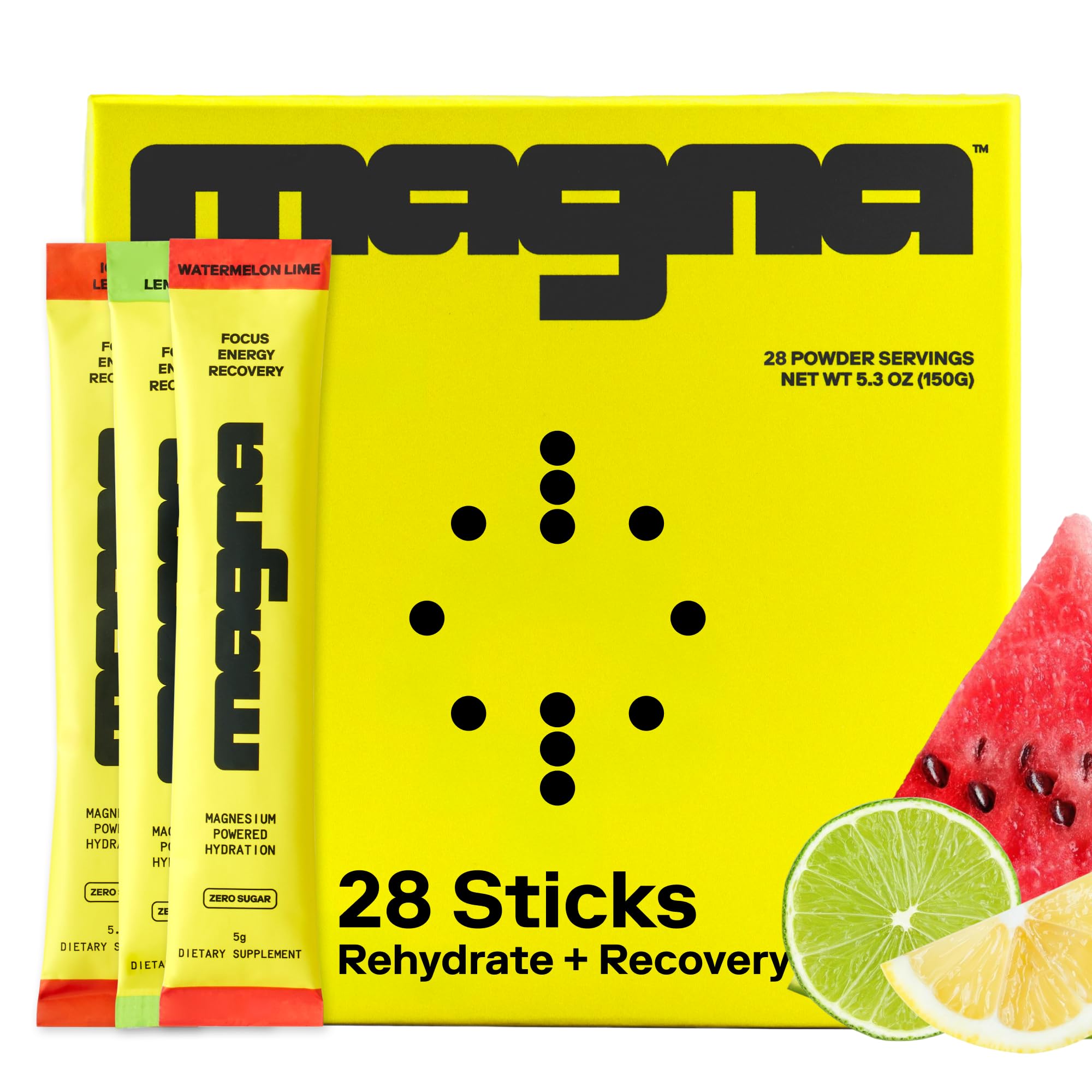Magna electrolytes Watermelon Lime tub front label shows refreshing hydration option for daily activity.