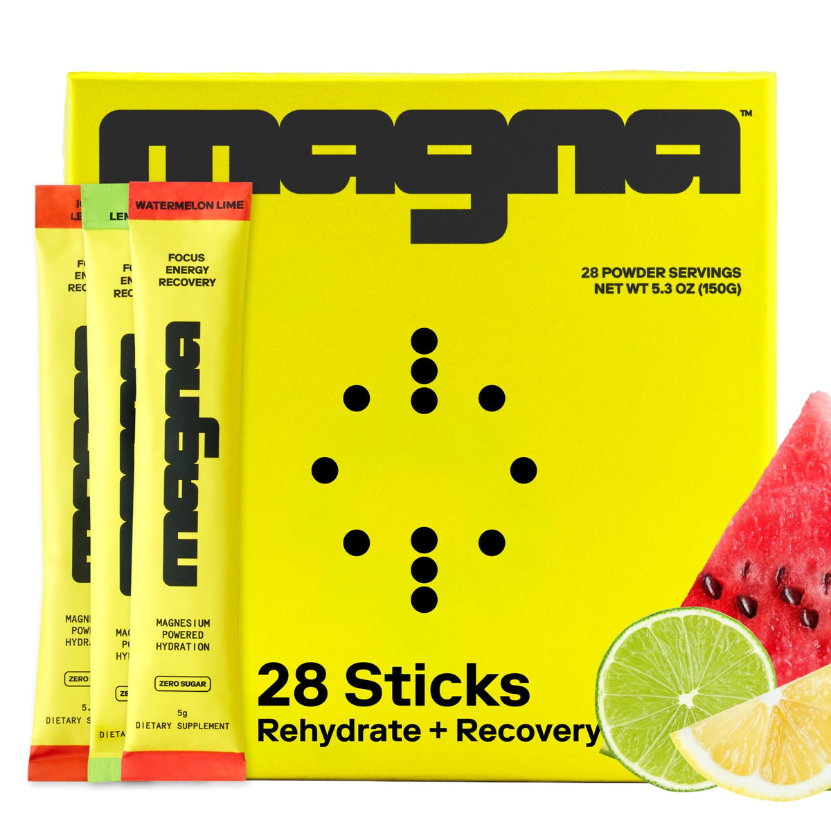 Magna electrolytes Watermelon Lime tub front label shows refreshing hydration option for daily activity.