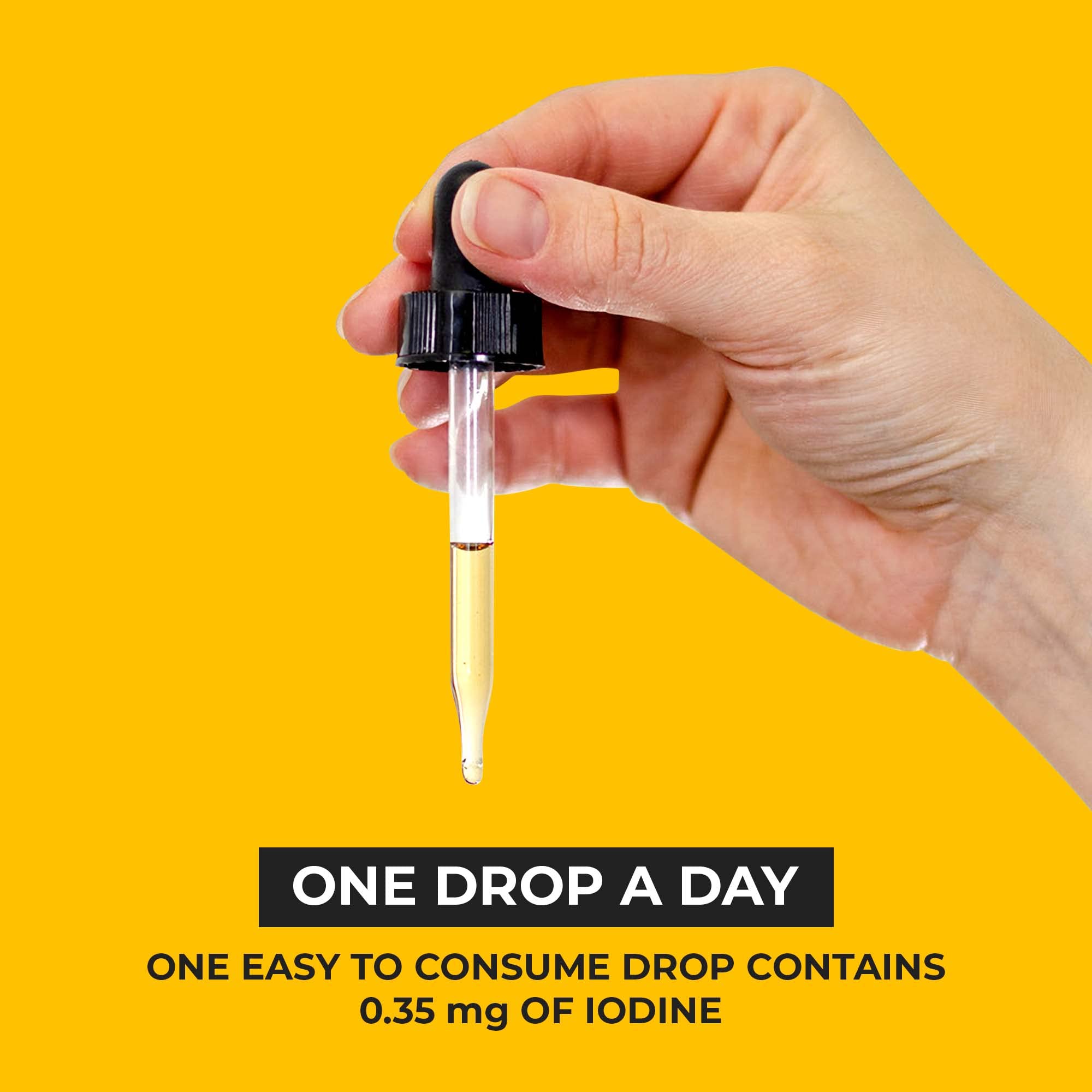 Glass bottle with dropper for controlled daily dosing.