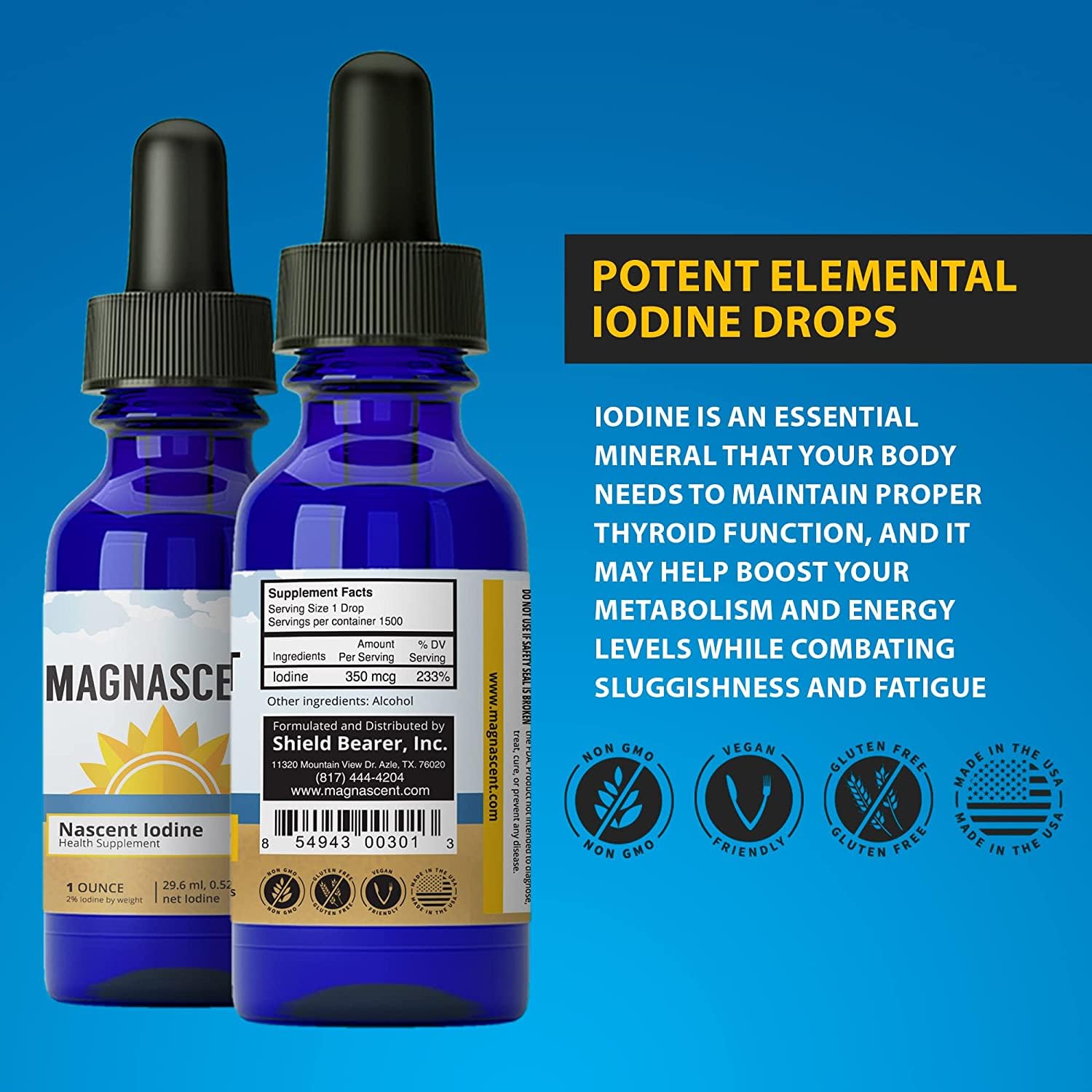 Magnascent Nascent Iodine factory GMP badge signals USA-made production.