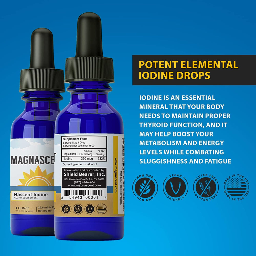 Magnascent Nascent Iodine factory GMP badge signals USA-made production.