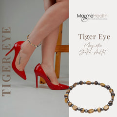 MAGNEHEALTH anklet tiger-eye beads closeup, stylish daily wear with subtle wellness cues.