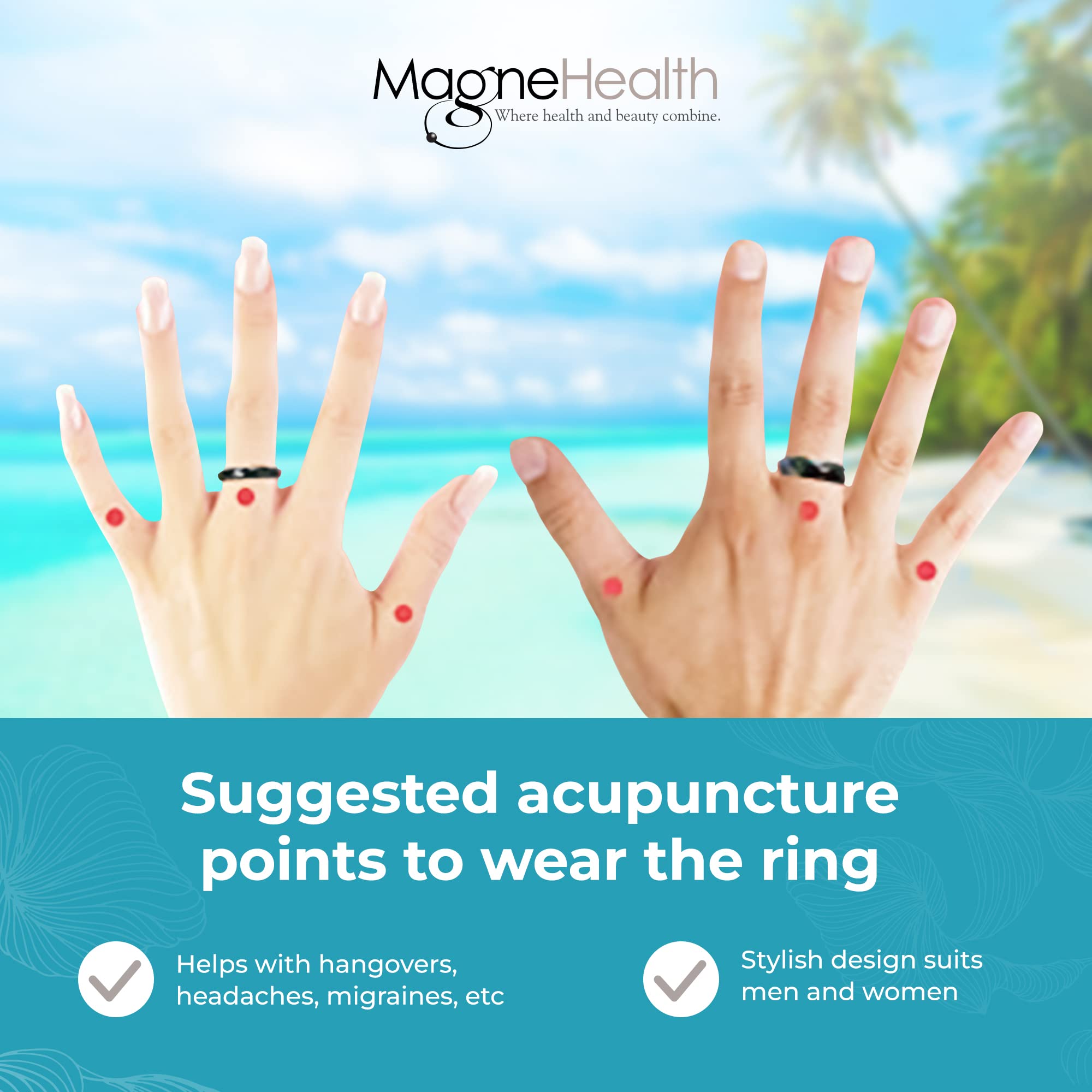 MAGNEHEALTH ring on a hand demonstrates casual to formal versatility