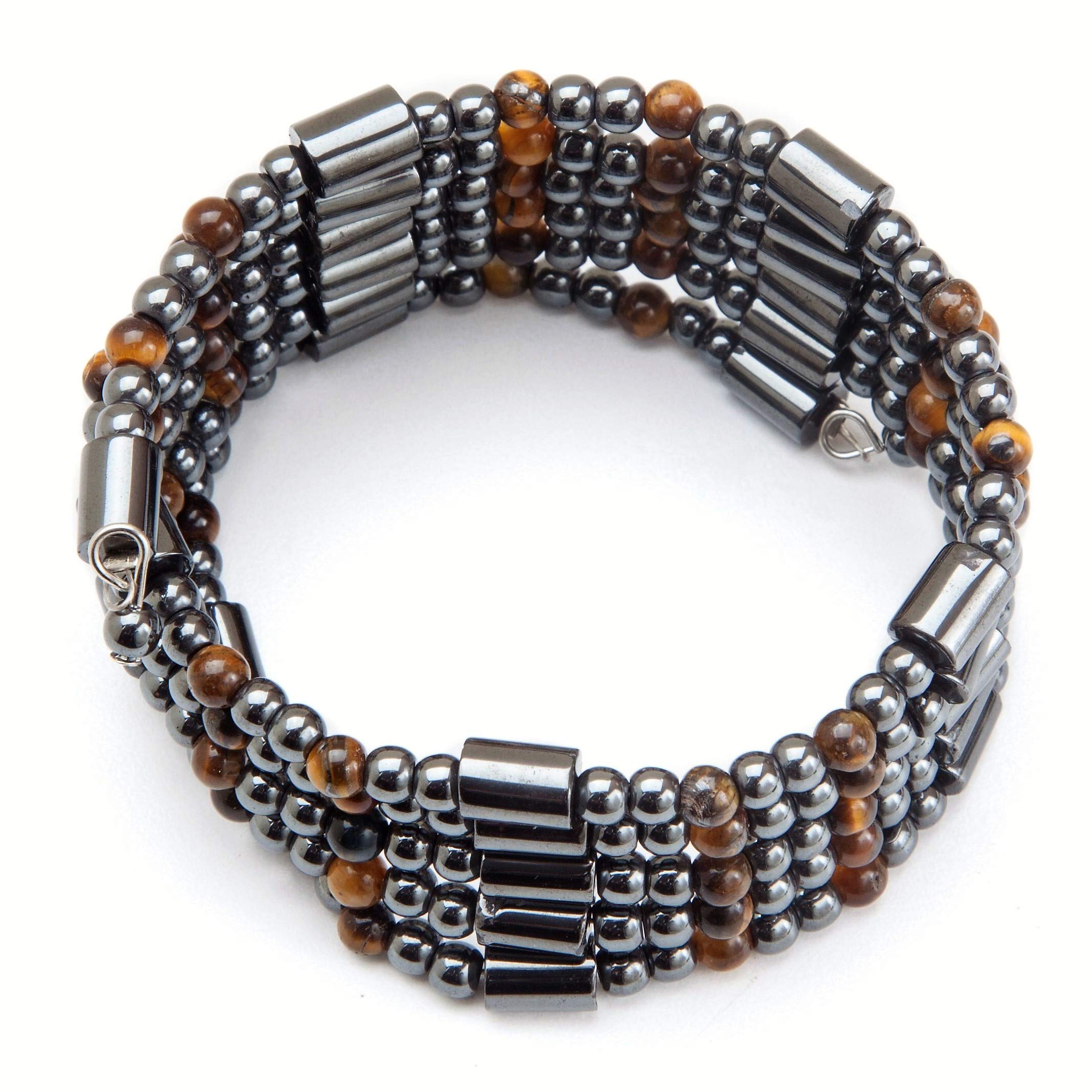 MAGNEHEALTH tiger eye and black hematite wrap front view, a stylish wellness accessory.