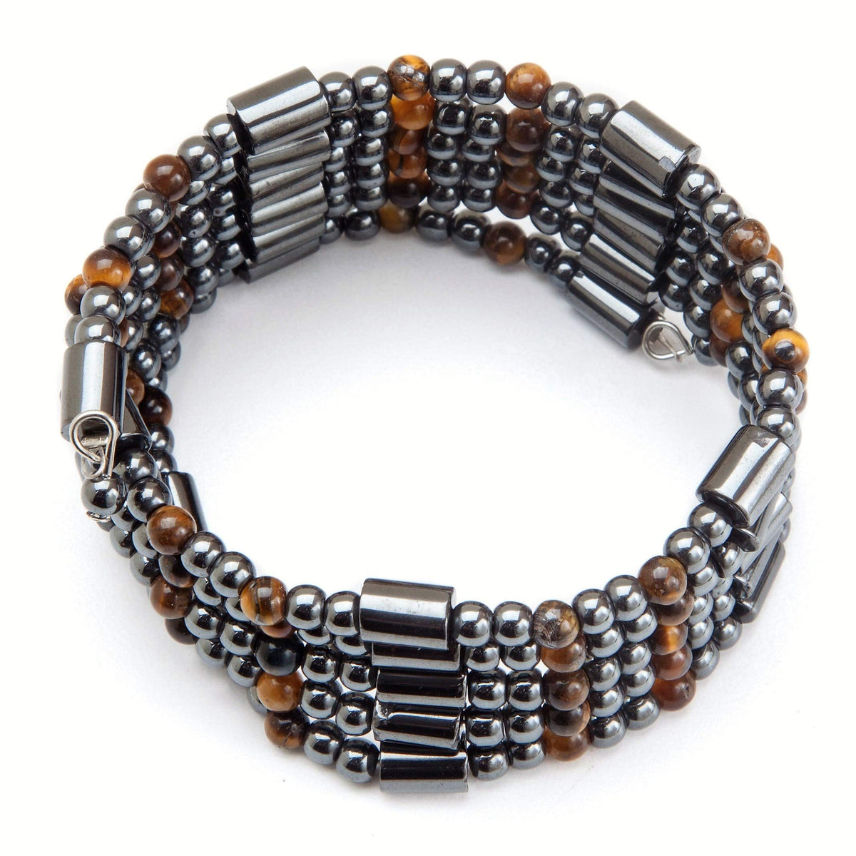 MAGNEHEALTH tiger eye and black hematite wrap front view, a stylish wellness accessory.