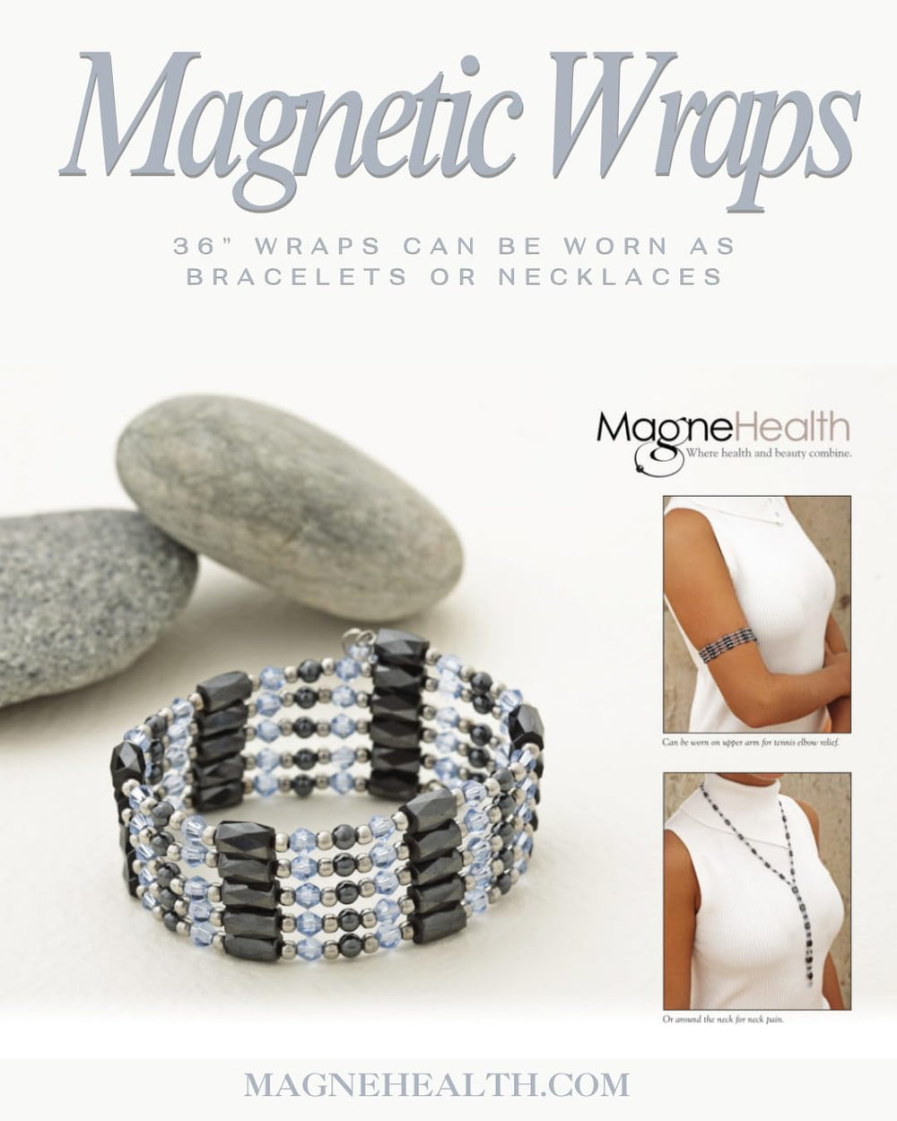 MAGNEHEALTH wellness wrap stretched on wrist to show adjustable fit.
