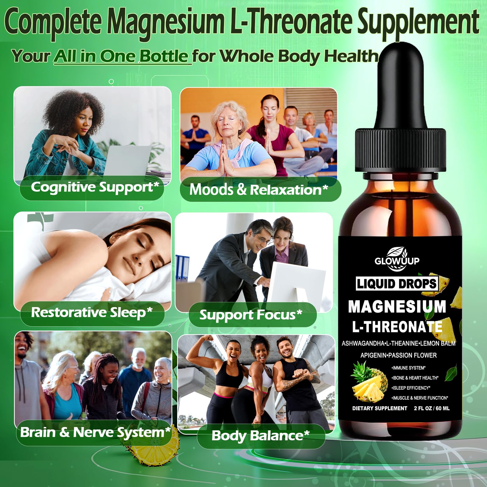 Magnesium L-Threonate Liquid Drops amber glass bottle highlighting premium storage and product stability.
