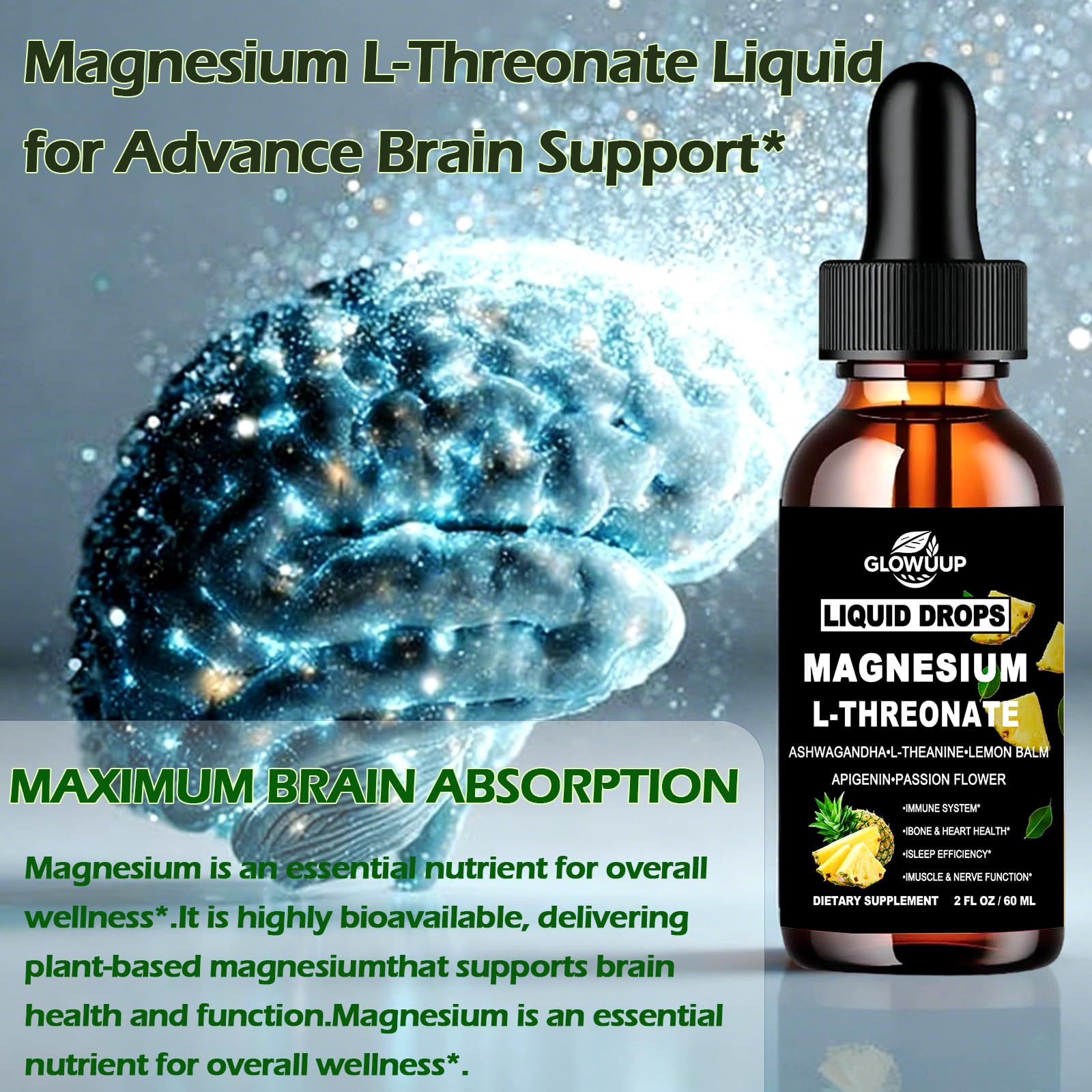 Magnesium L-Threonate Liquid Drops ingredients blend image showing co-factors for enhanced absorption.