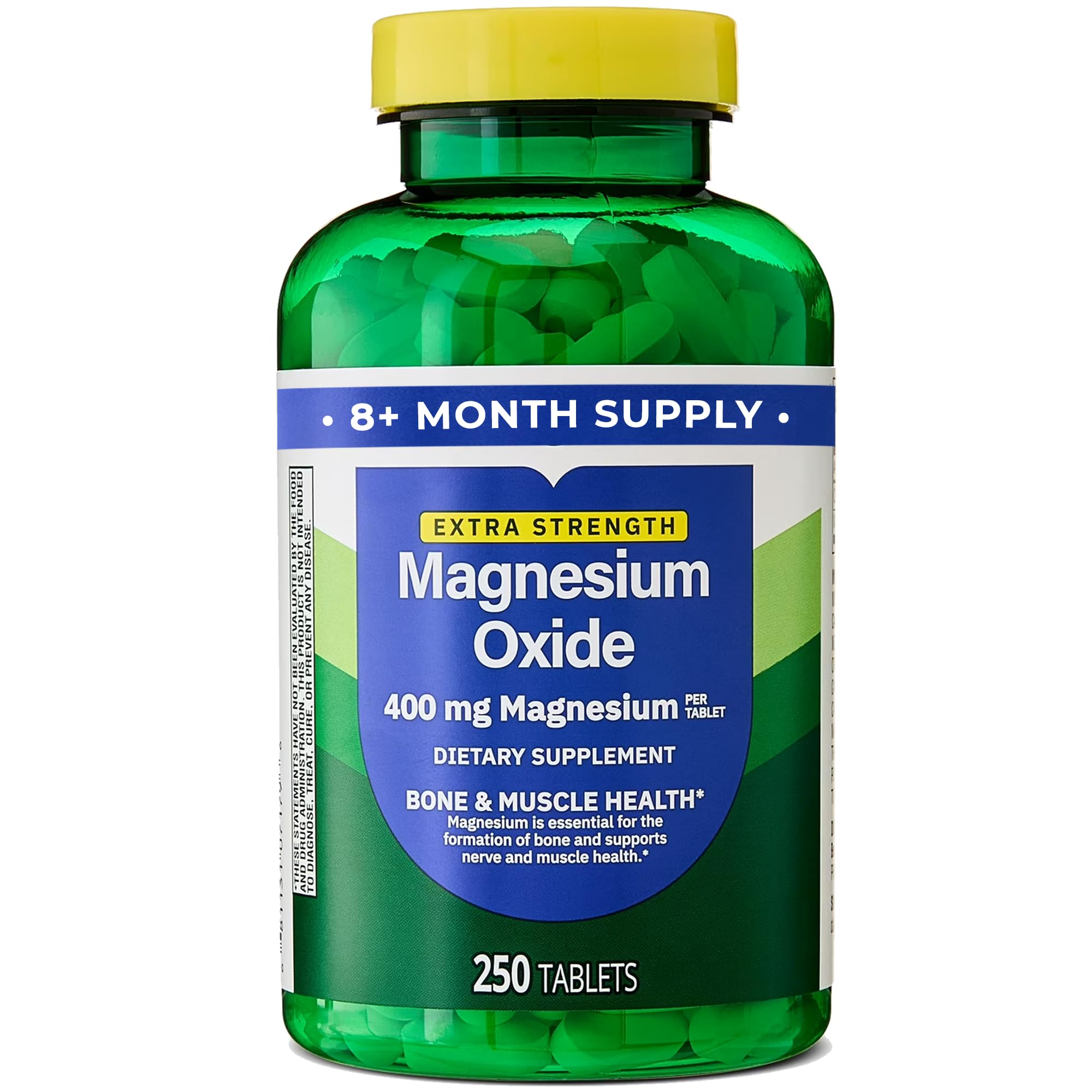 Magnesium oxide 400mg tablet shelf display shows value.