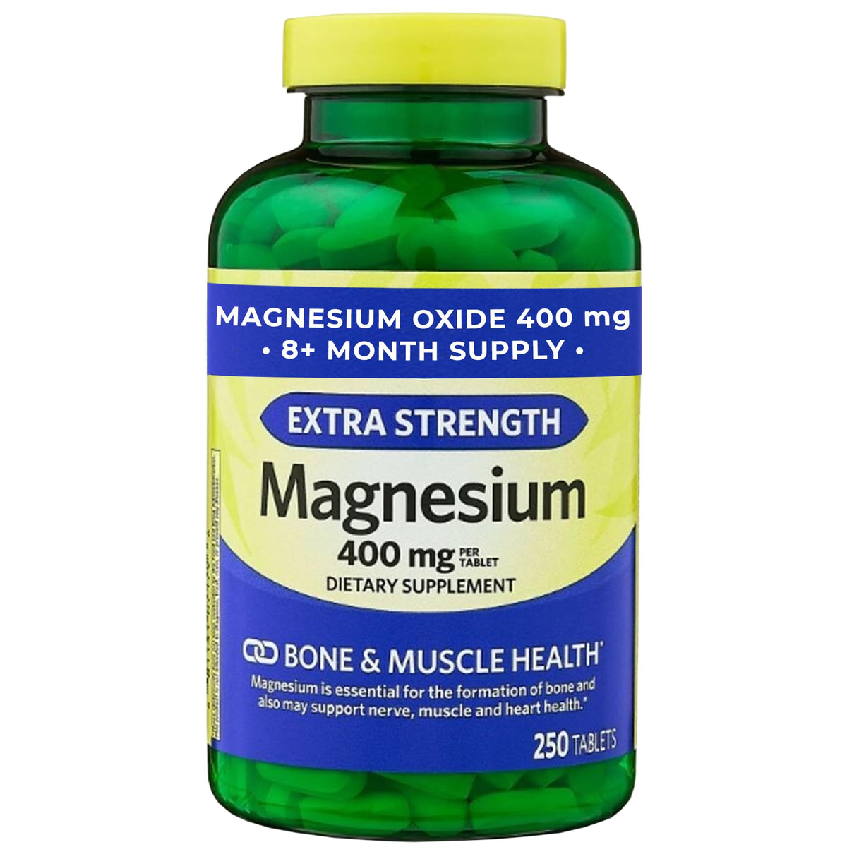 Magnesium oxide 400mg tablet bottle for daily wellness.