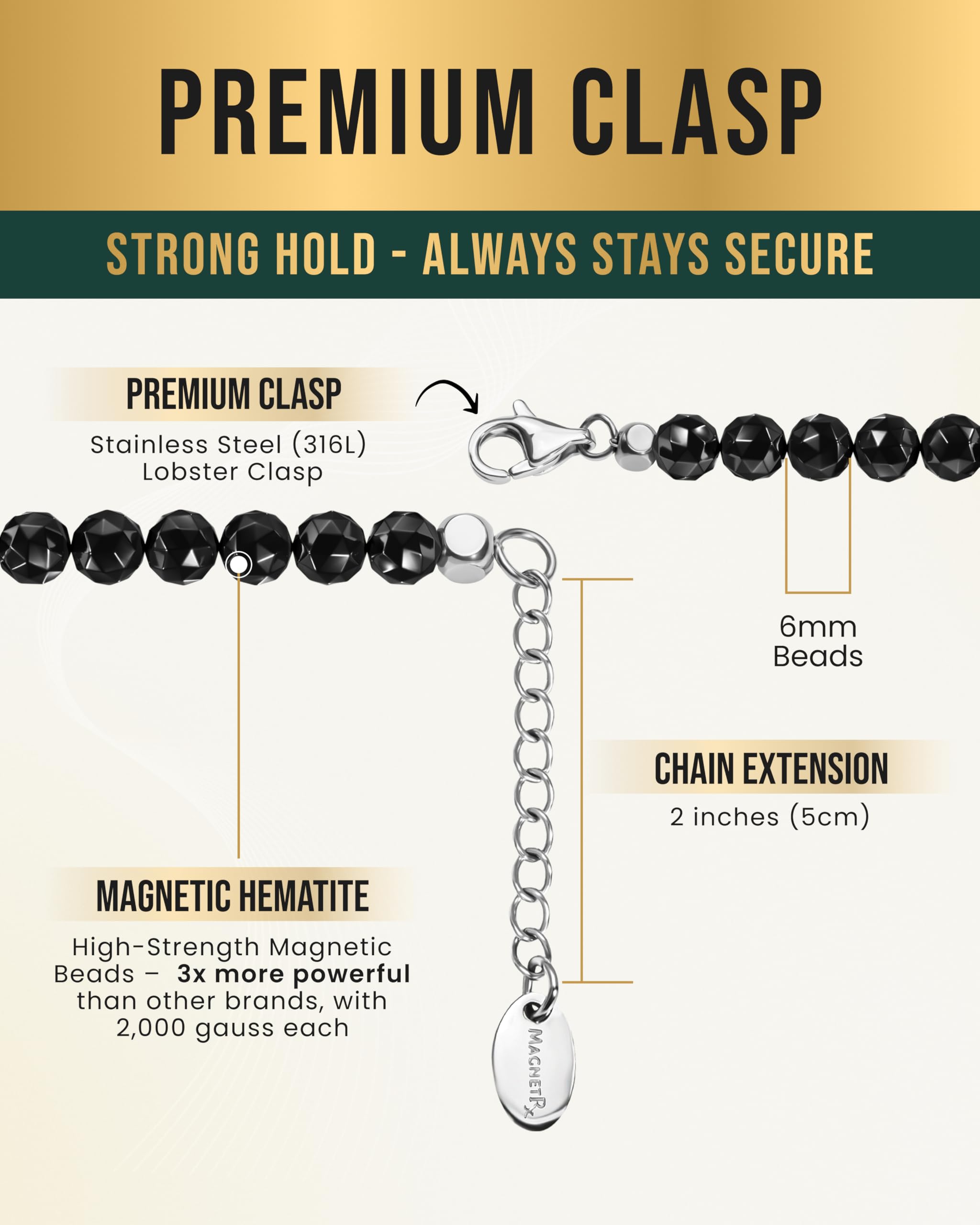 Adjustable length view of MagnetRX necklace from 18-22 inches with extension.