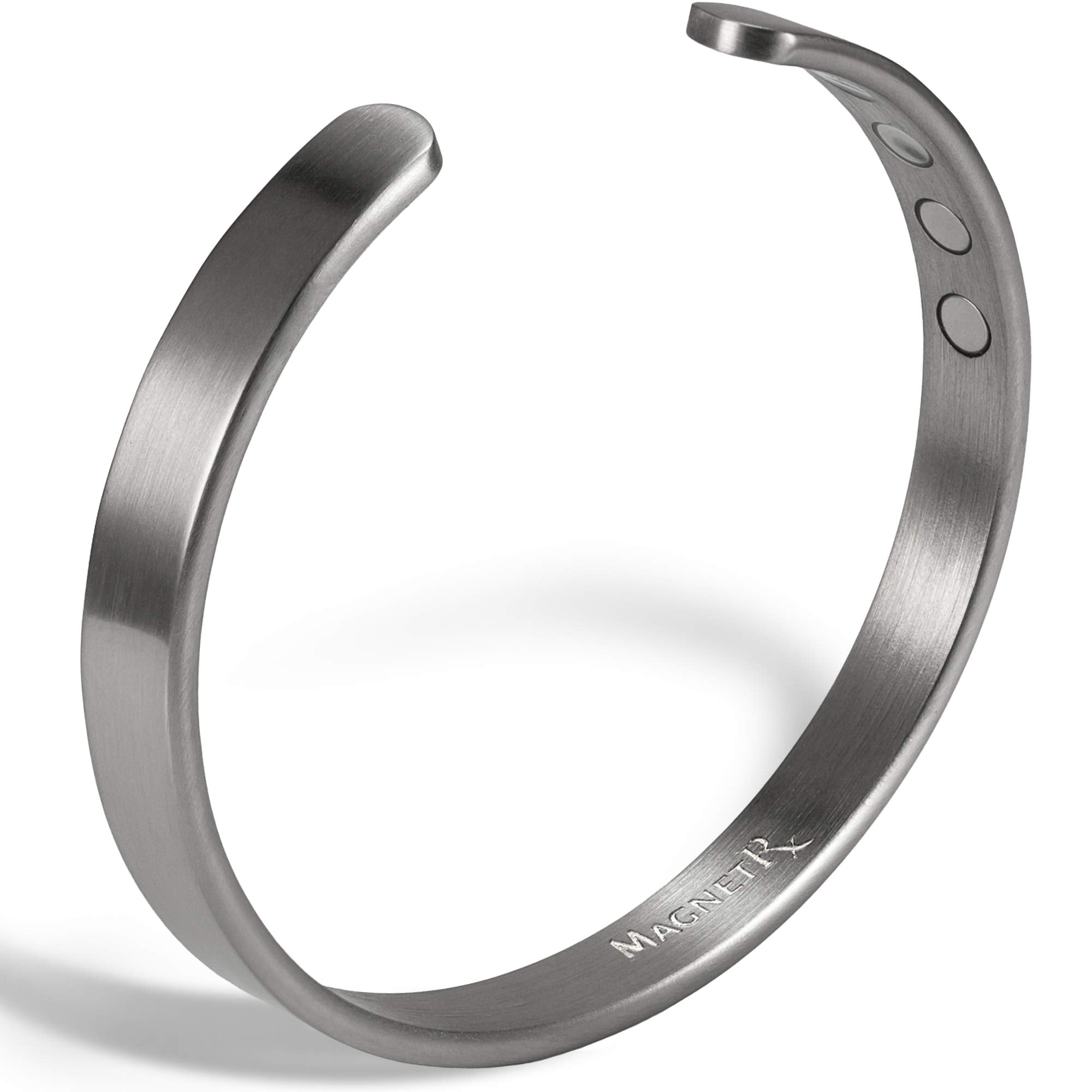 MagnetRX brushed silver magnetic bracelet on wrist, unisex style for daily wear.
