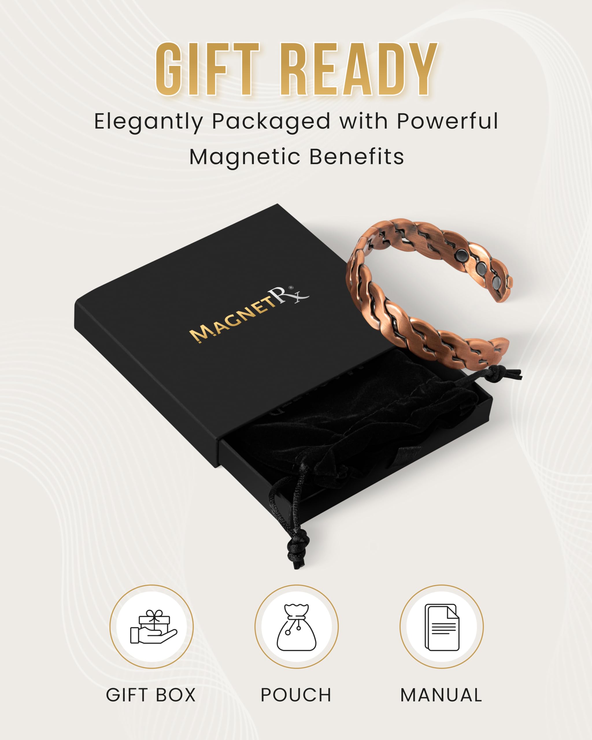 MagnetRX copper bracelet packaging velvet pouch reinforces premium unboxing experience