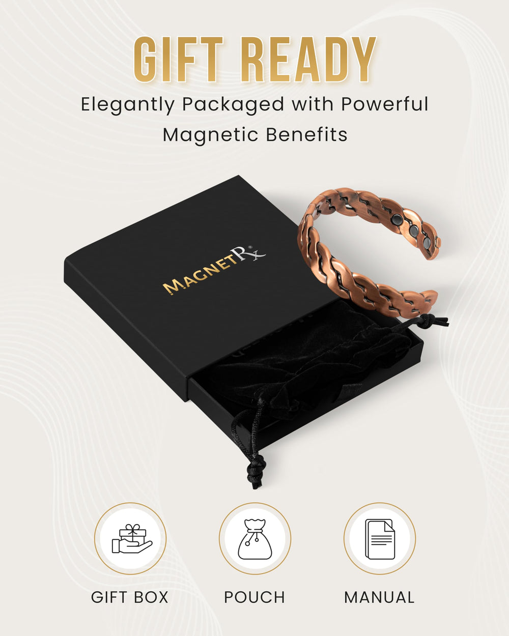 MagnetRX copper bracelet packaging velvet pouch reinforces premium unboxing experience