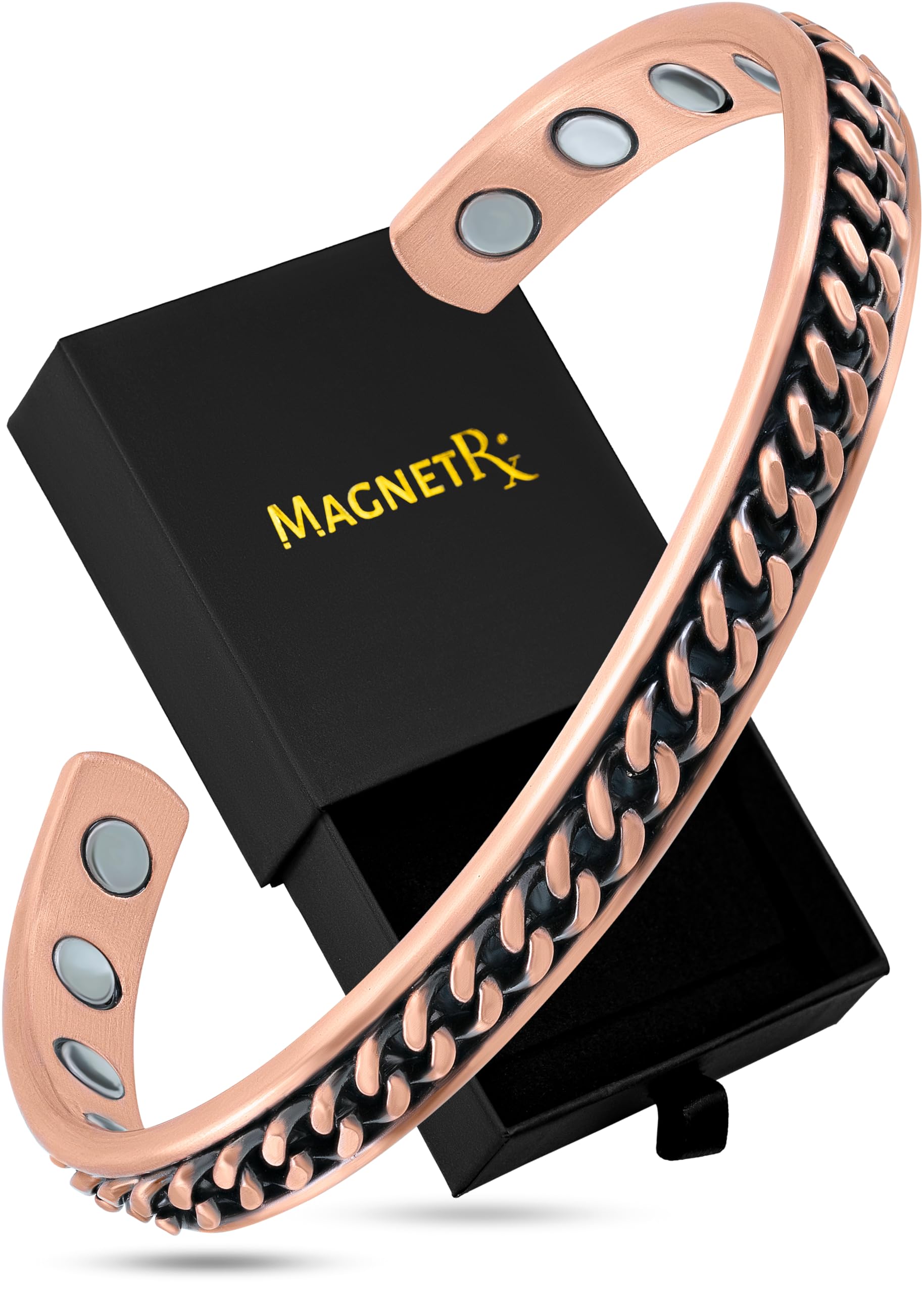 MagnetRX copper magnetic bracelet on wrist, full view.