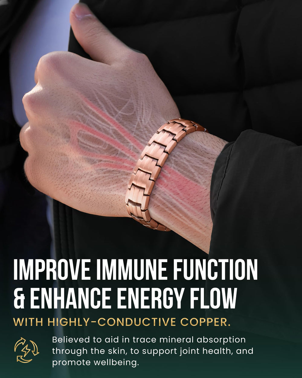MagnetRX EllipseMAX bracelet on wrist showing adjustable fit for all-day use