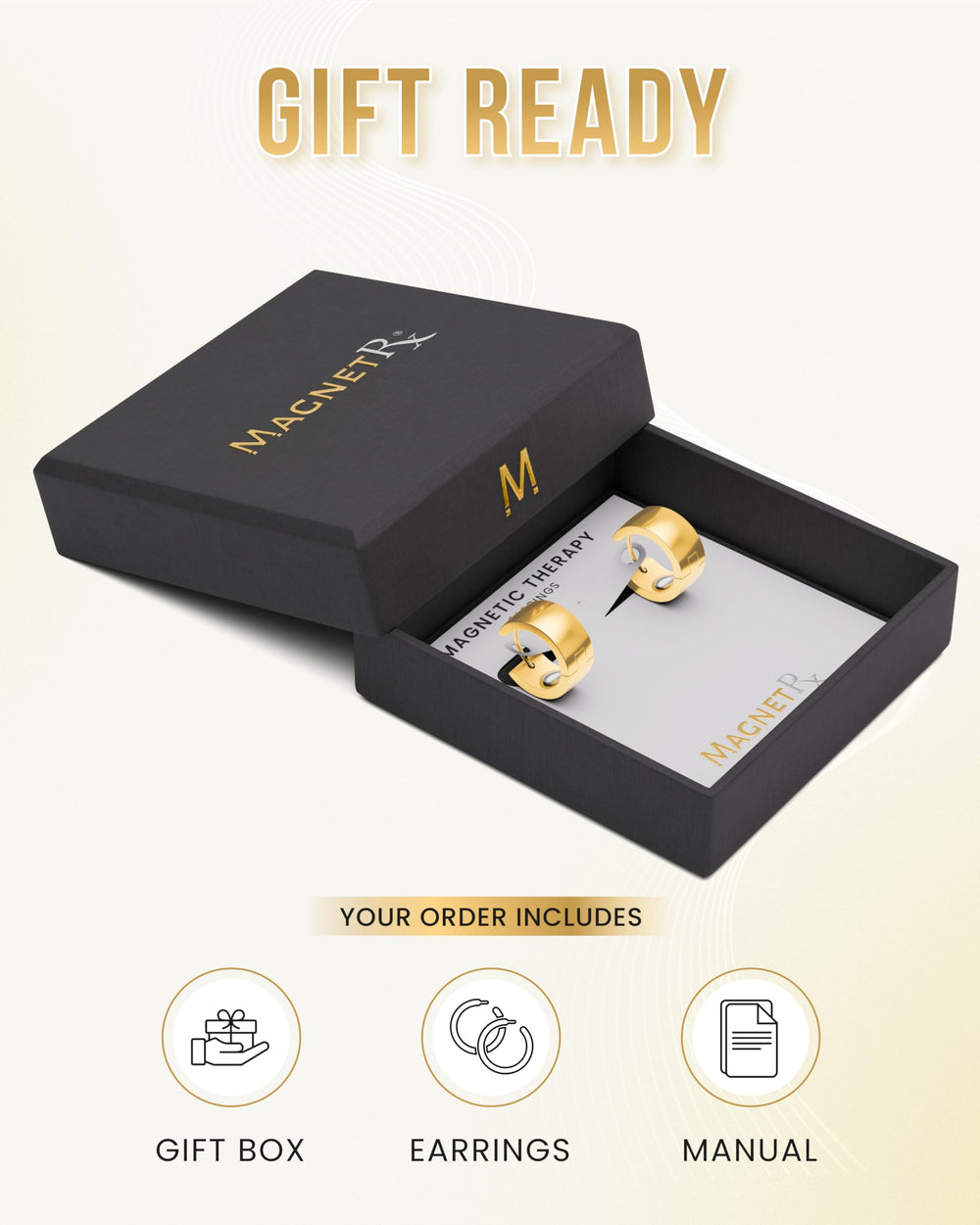 MagnetRX gold polished earrings metal texture, luxurious finish catching light.