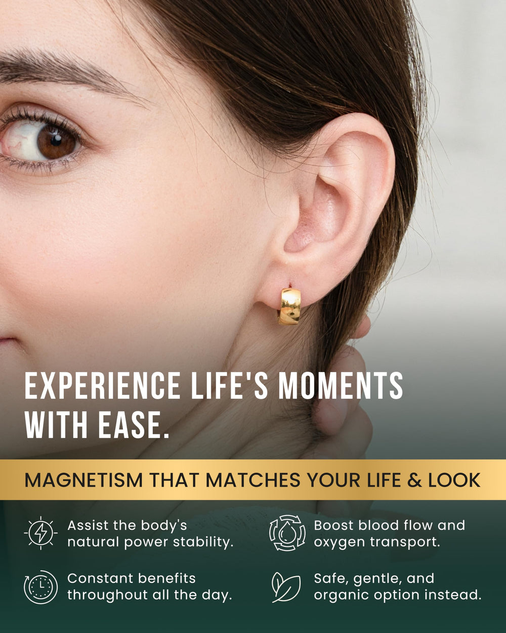 MagnetRX gold polished earrings side view, sleek silhouette for all day comfort.