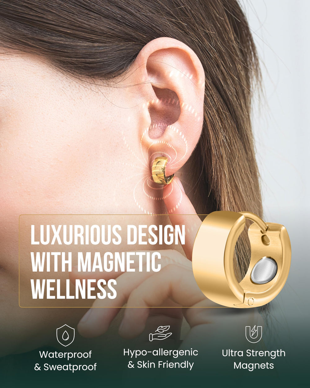 MagnetRX gold polished earrings worn on ear, secure fit for daily wear.