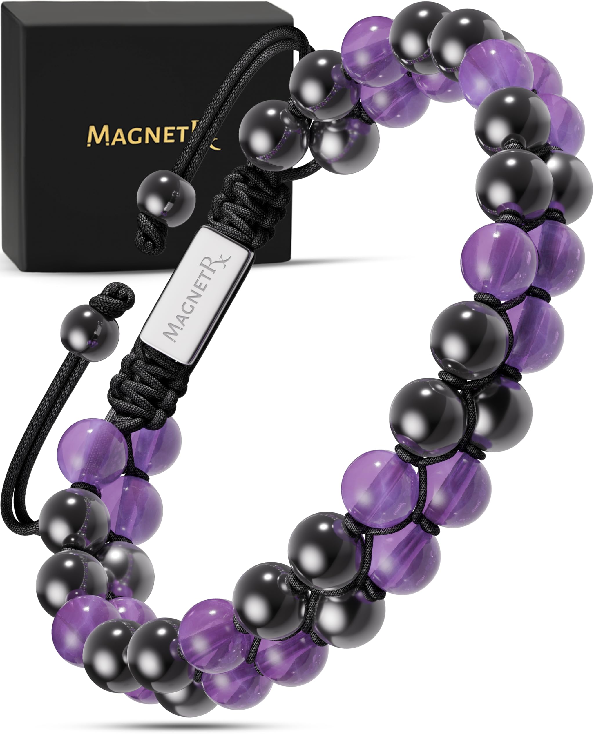 MagnetRX hematite and amethyst bracelet closeup showing premium beads and craftsmanship.