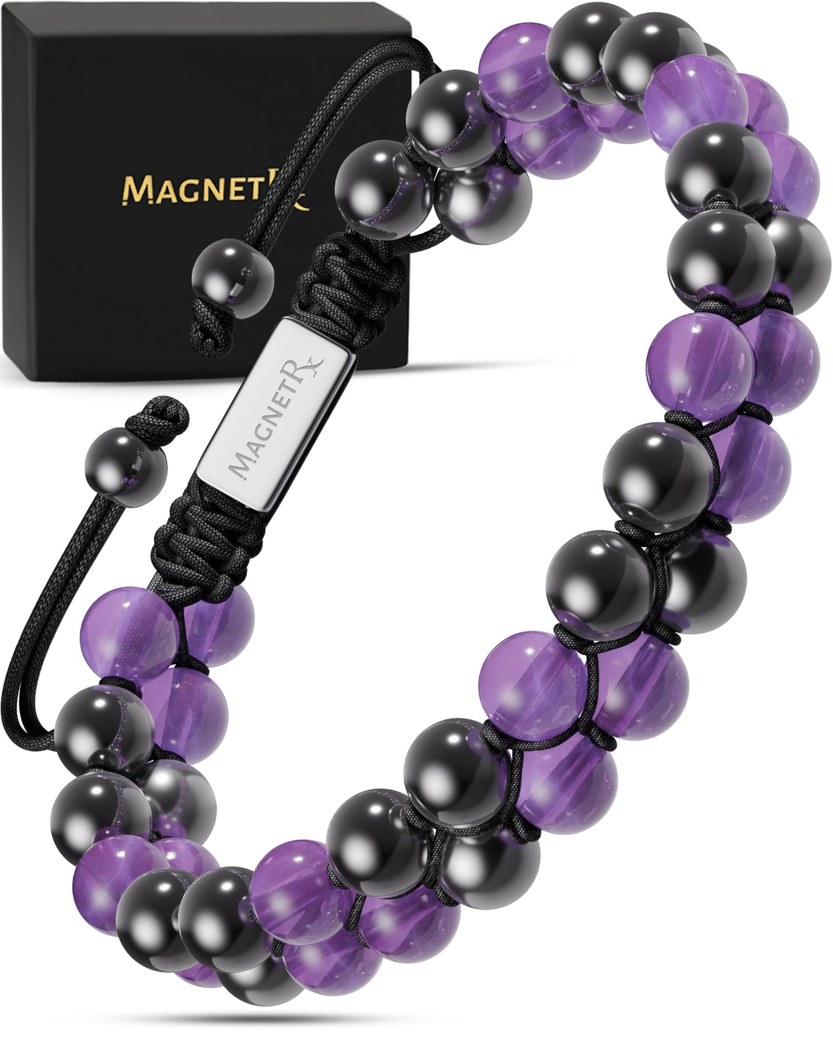 MagnetRX hematite and amethyst bracelet closeup showing premium beads and craftsmanship.