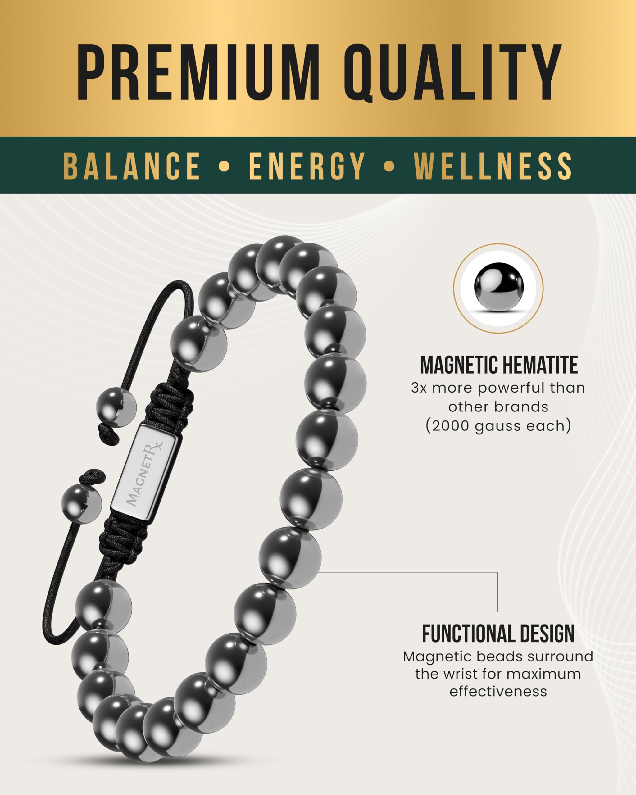 Adjustable size demonstrated to fit most wrists on the MagnetRX hematite bracelet.