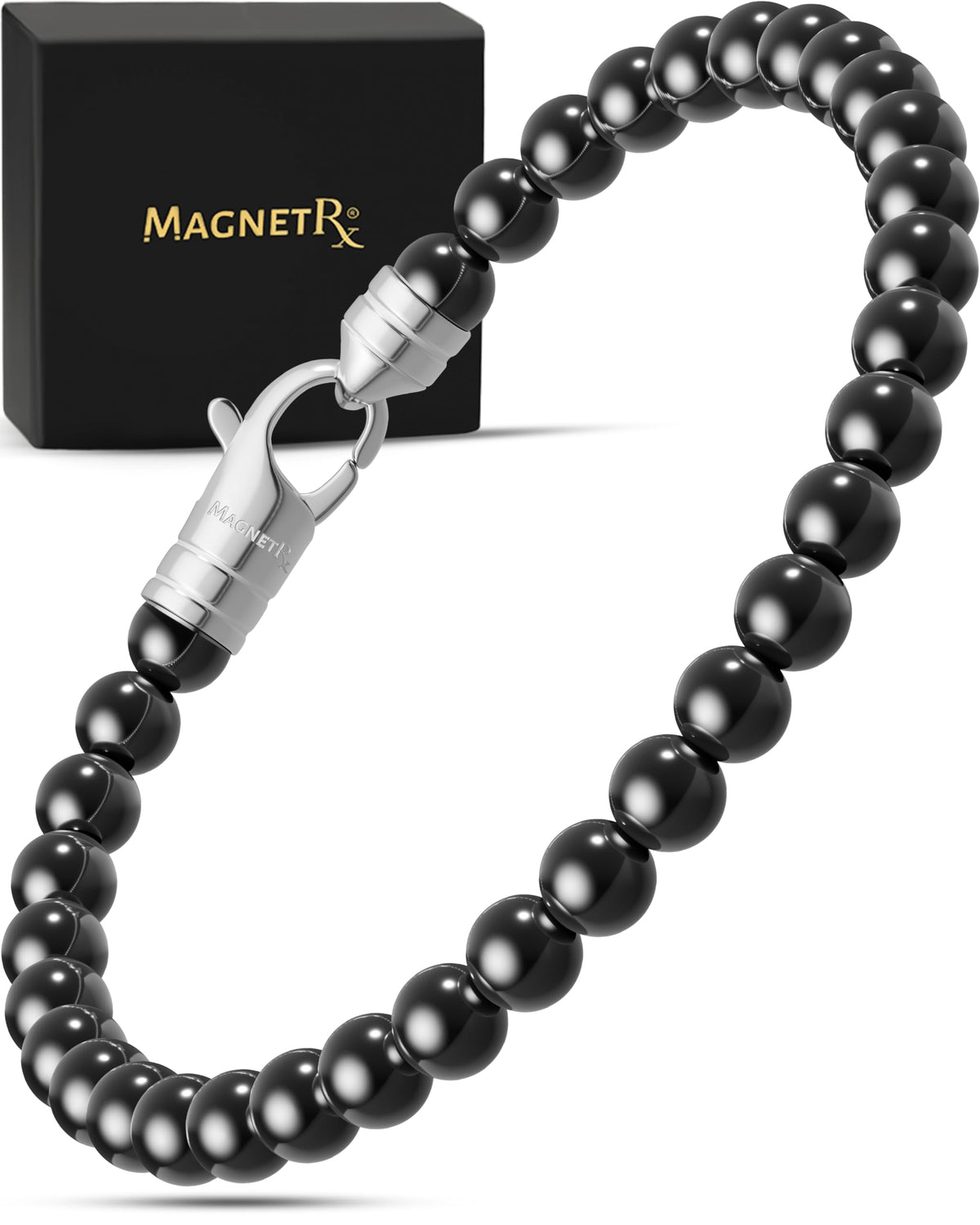 MagnetRX hematite bracelet classic close-up showing premium 6mm beads