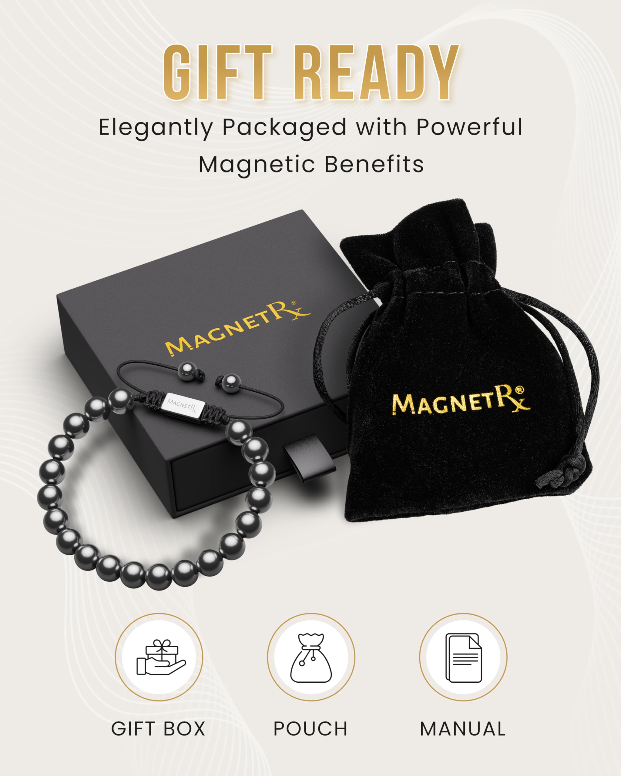 Lifestyle shot showing MagnetRX hematite bracelet worn daily.