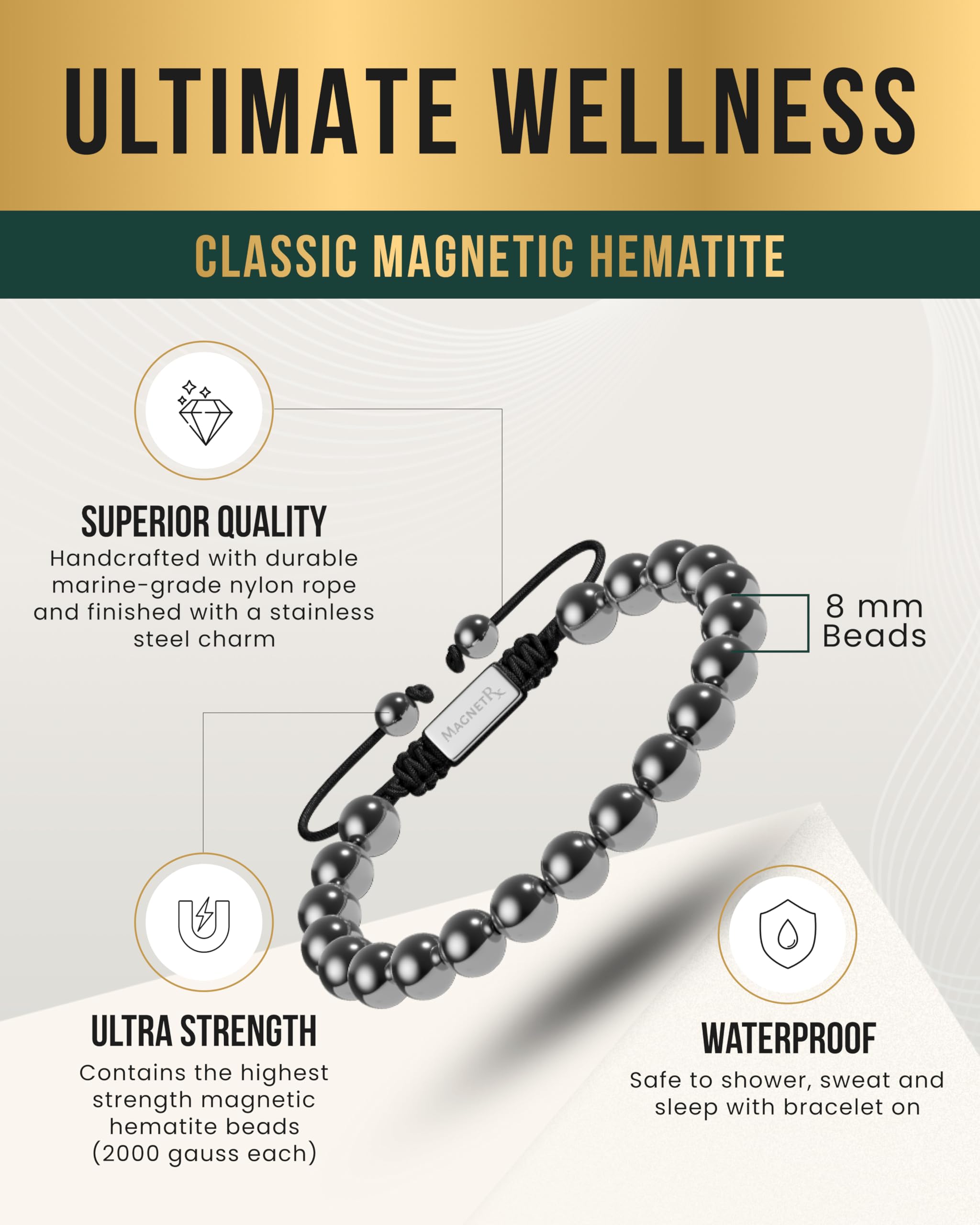 Stainless steel charm enhances MagnetRX bracelet with a modern accent.