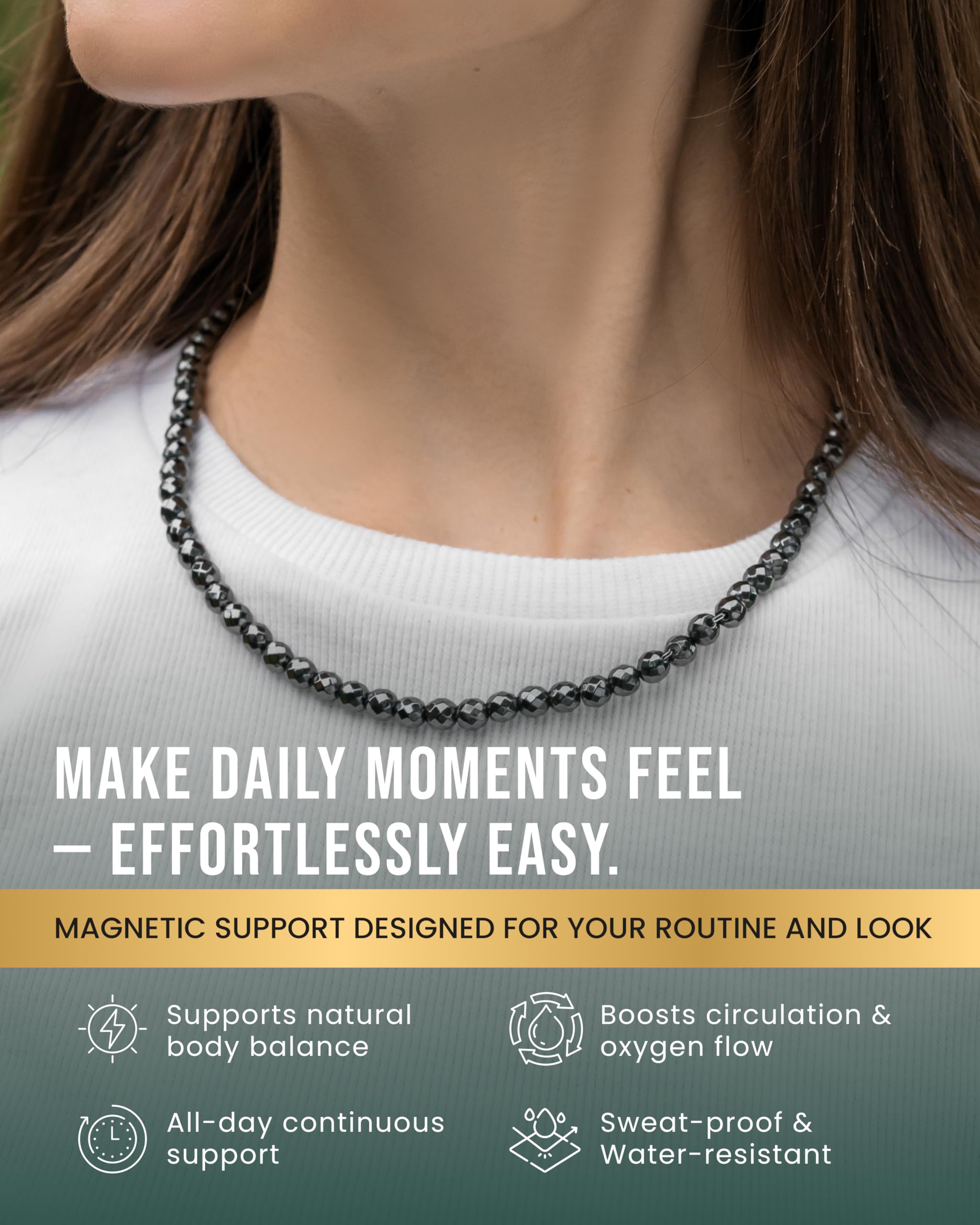 Detail of MagnetRX hematite necklace with durable stainless steel chain.
