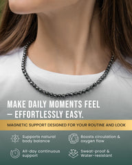 Detail of MagnetRX hematite necklace with durable stainless steel chain.