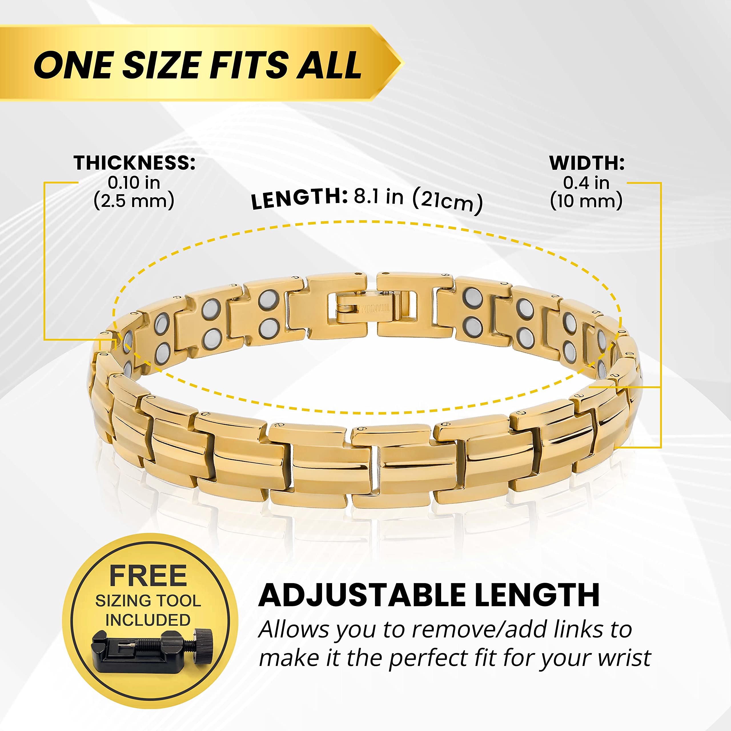 Included sizing links with MagnetRX bracelet for easy length changes