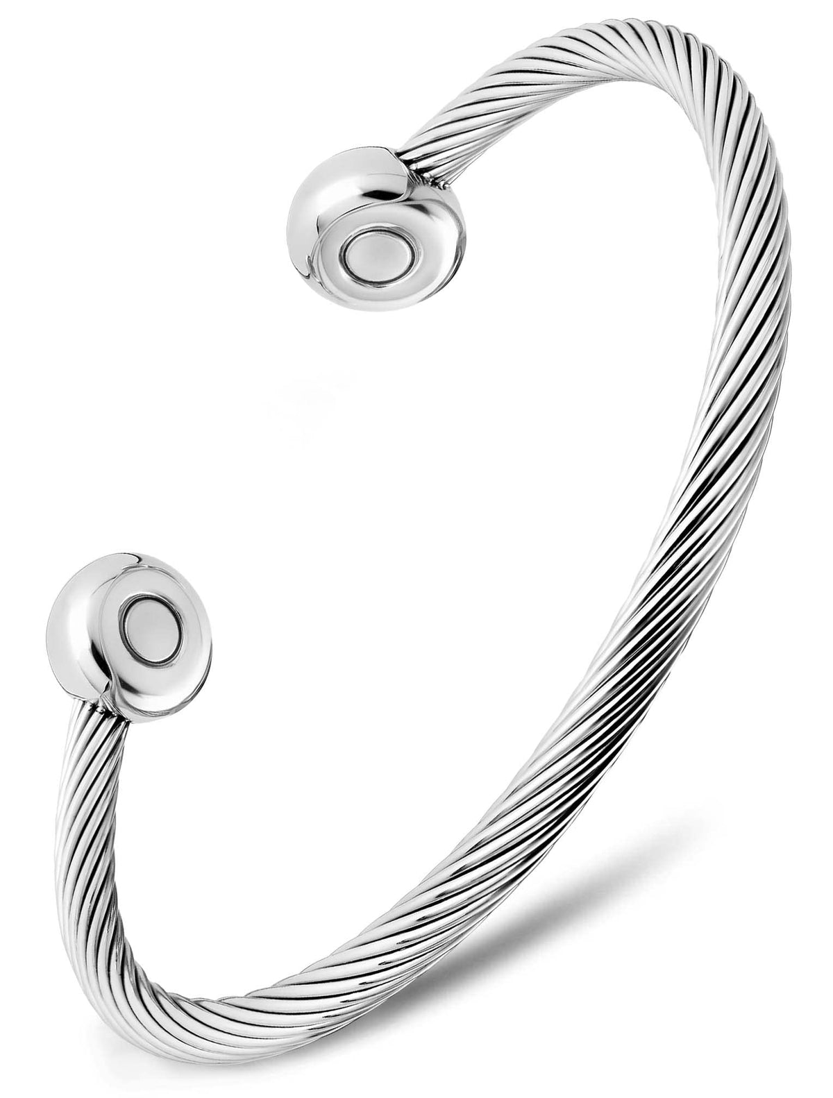 MagnetRX magnetic bracelet cuff with twisted cable in silver for daily wear comfort.