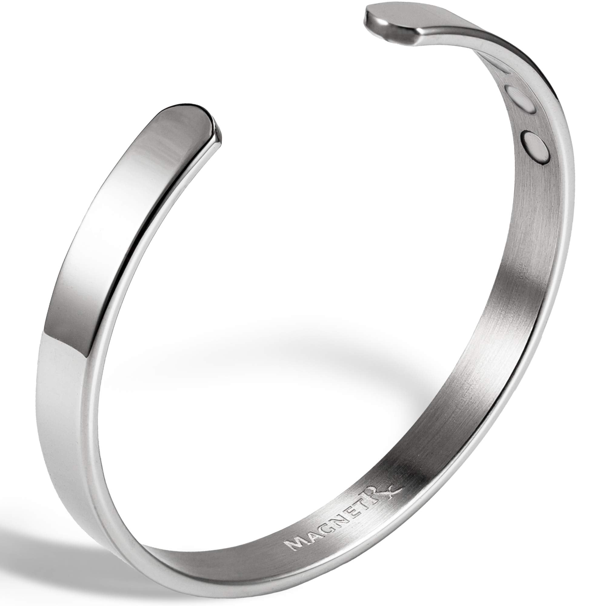 MagnetRX polished silver women's bracelet close-up; hypoallergenic, durable everyday wear.