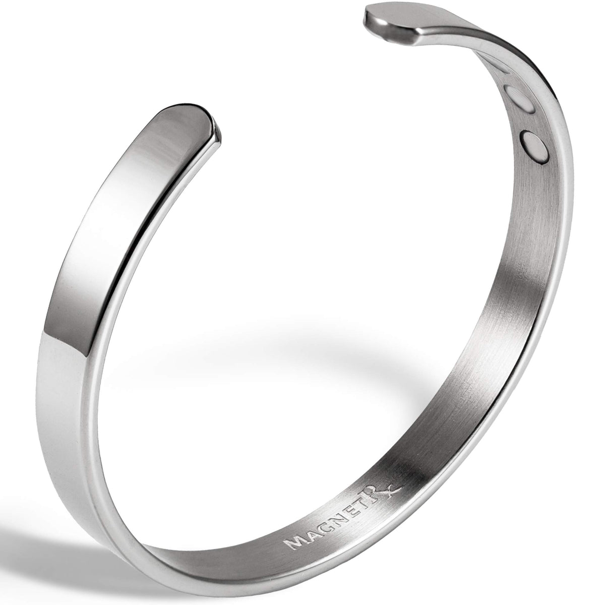 MagnetRX polished silver women's bracelet close-up; hypoallergenic, durable everyday wear.