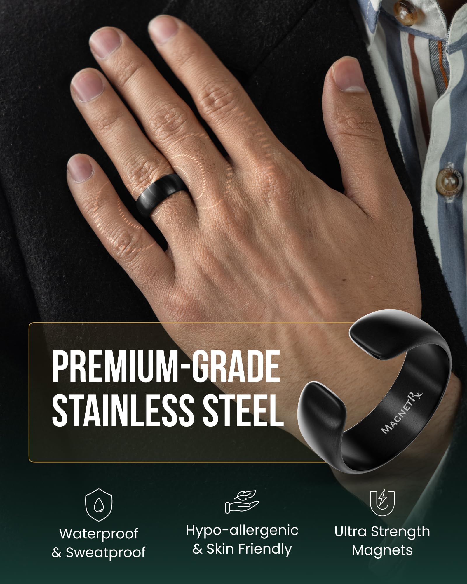 MagnetRX ring worn on wrist in a professional setting.