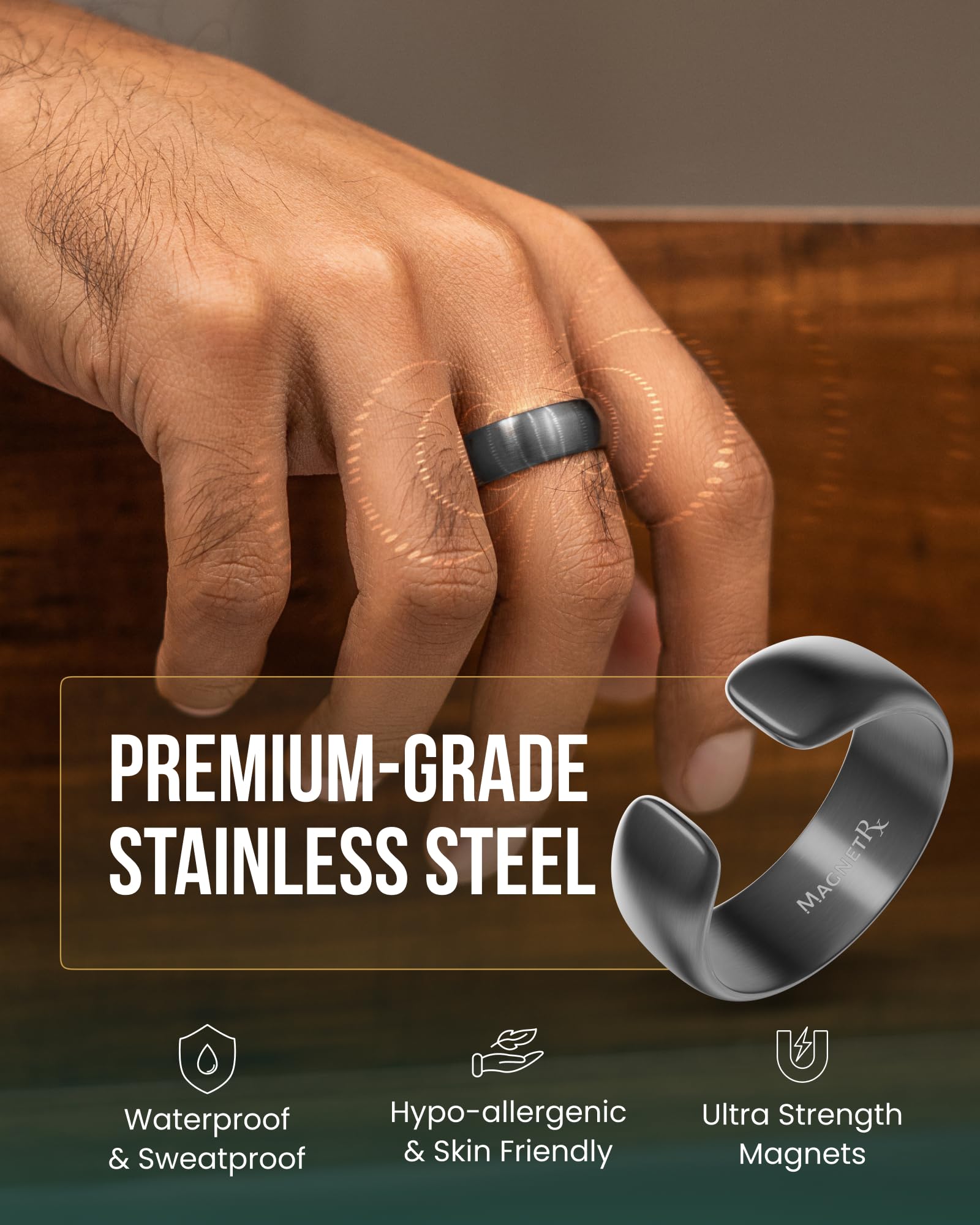 Detailed finish of MagnetRX gunmetal ring showing stainless steel quality