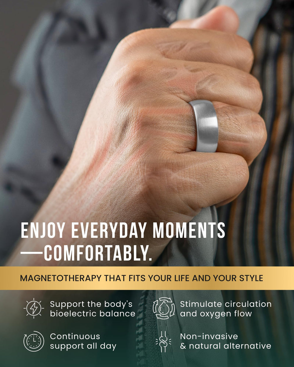 MagnetRX ring on finger close-up highlighting comfortable metal design