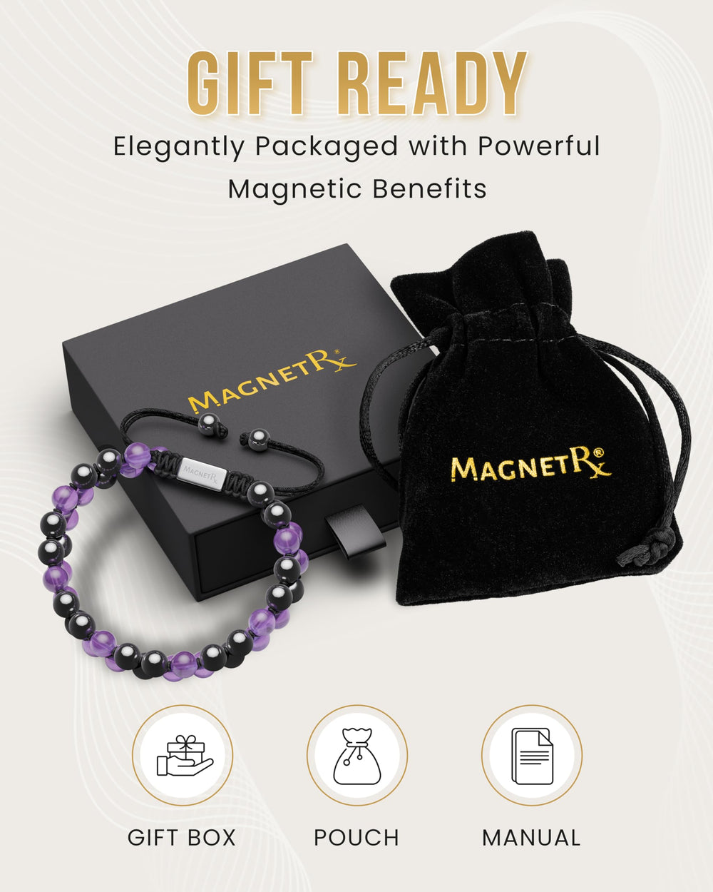Elegant purple beads on MagnetRX bracelet worn on the wrist.