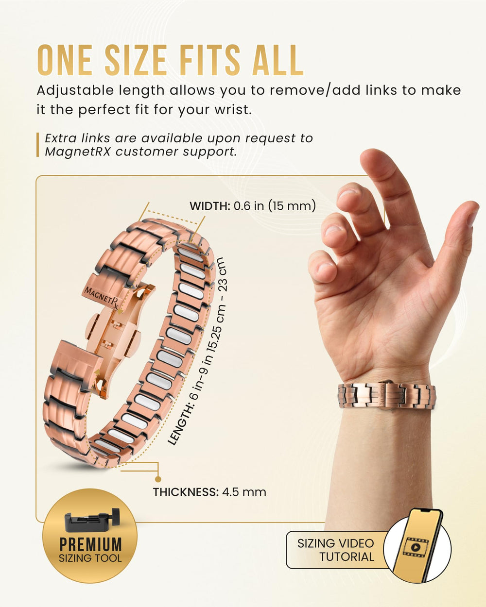 Sizing tool included to tailor MagnetRX EllipseMAX bracelet for perfect fit