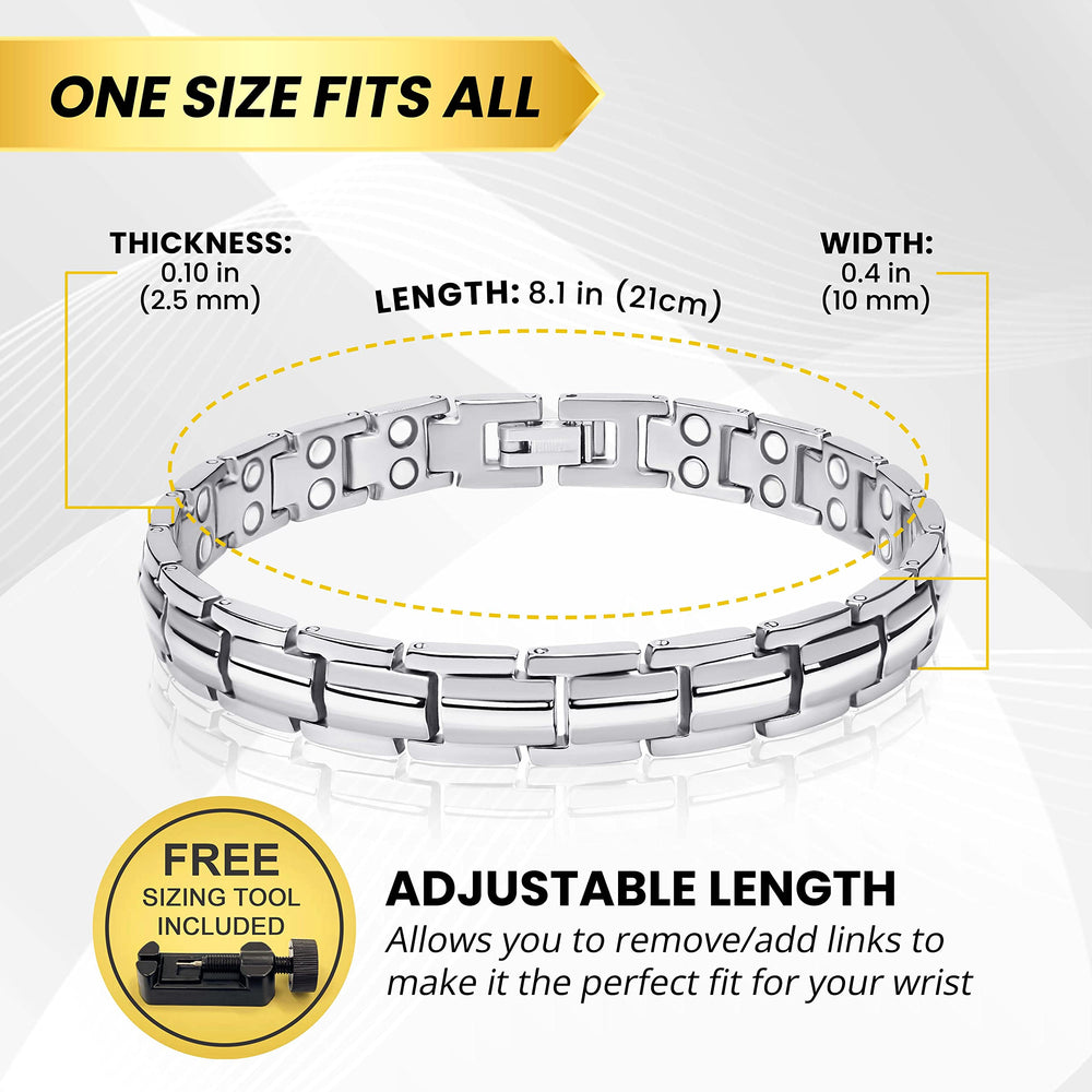 MagnetRX bracelet features a tarnish-resistant PVD silver finish.