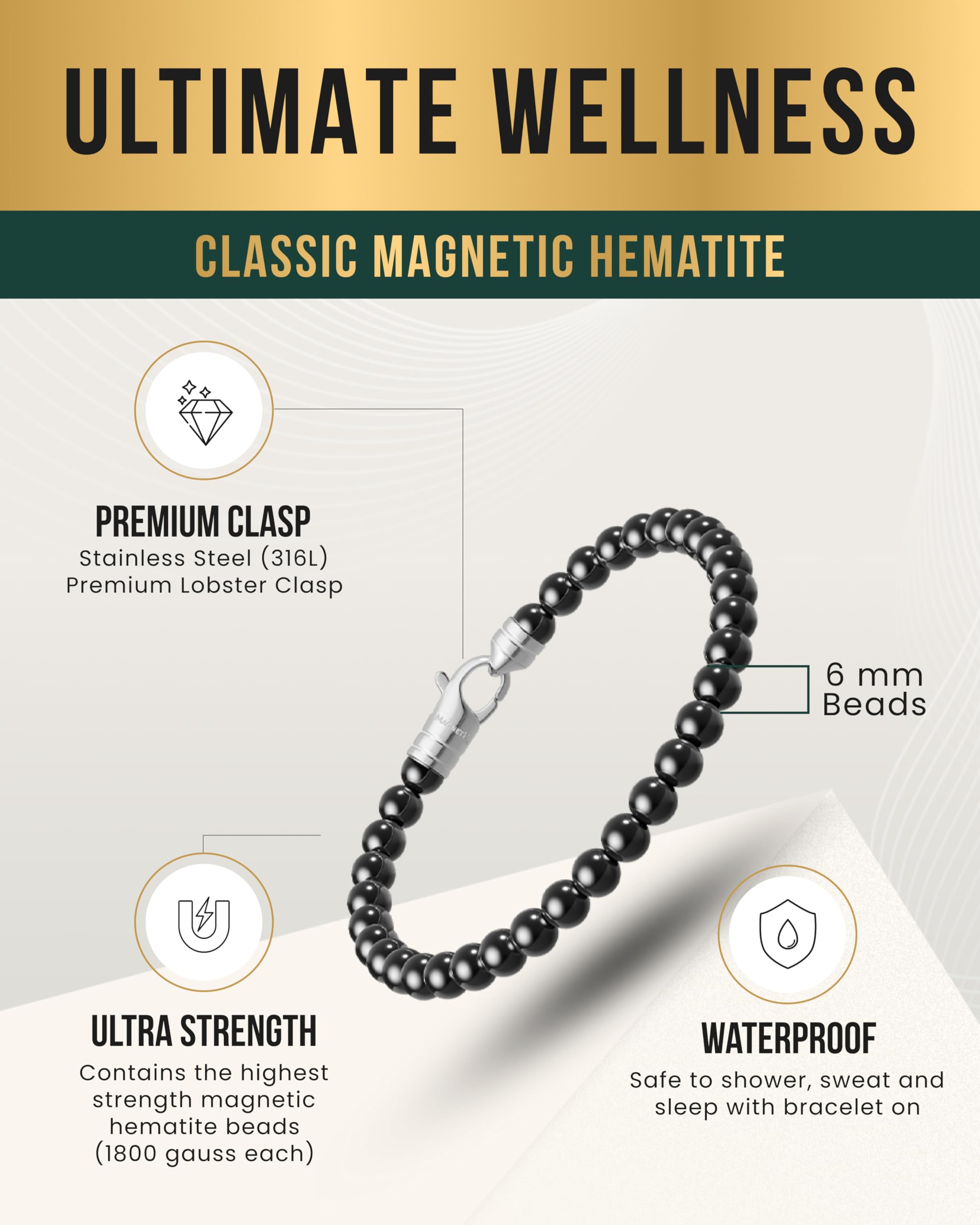 Detail of MagnetRX stainless steel clasp on hematite bracelet