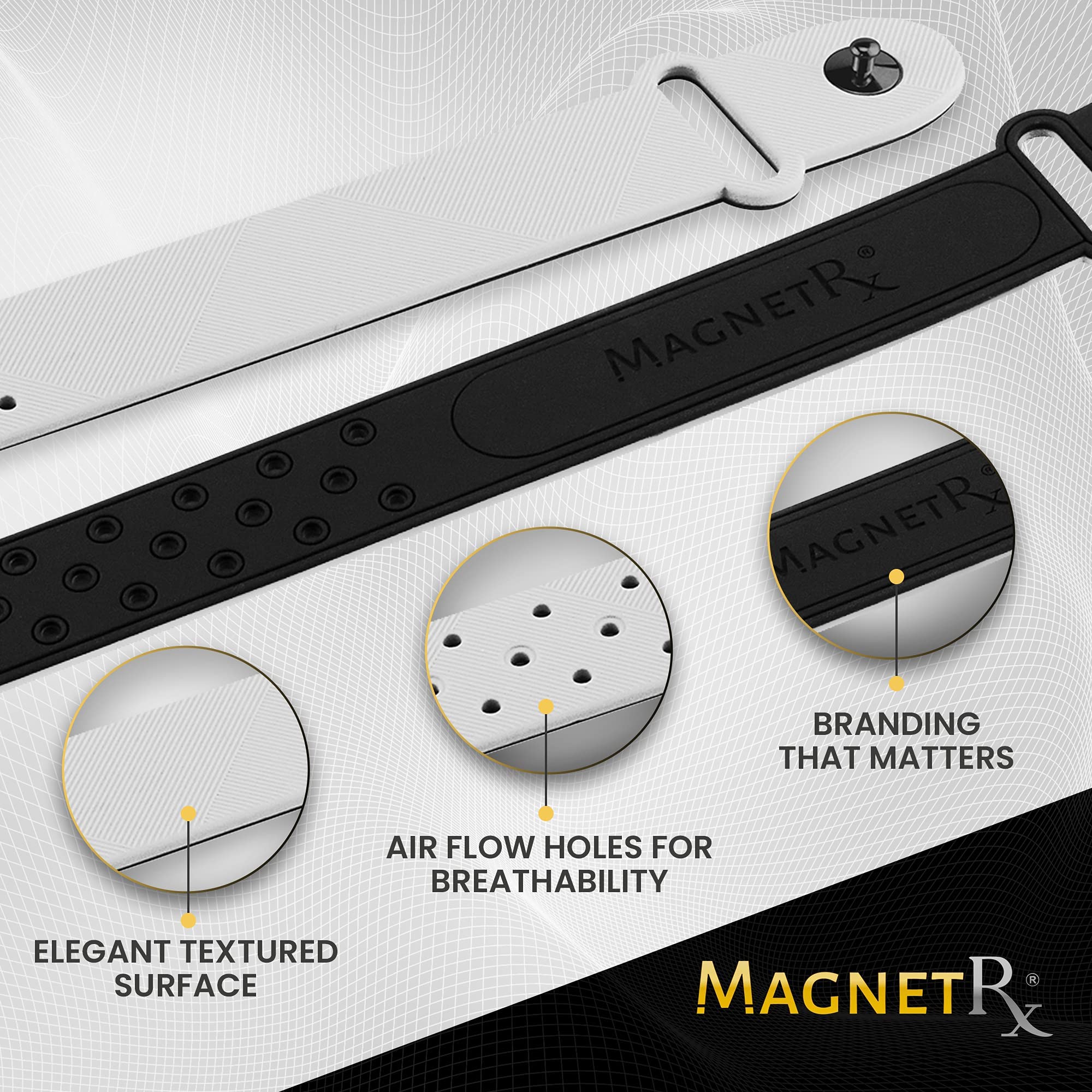 Unisex white silicone band from MagnetRX offers comfortable all-day wear.