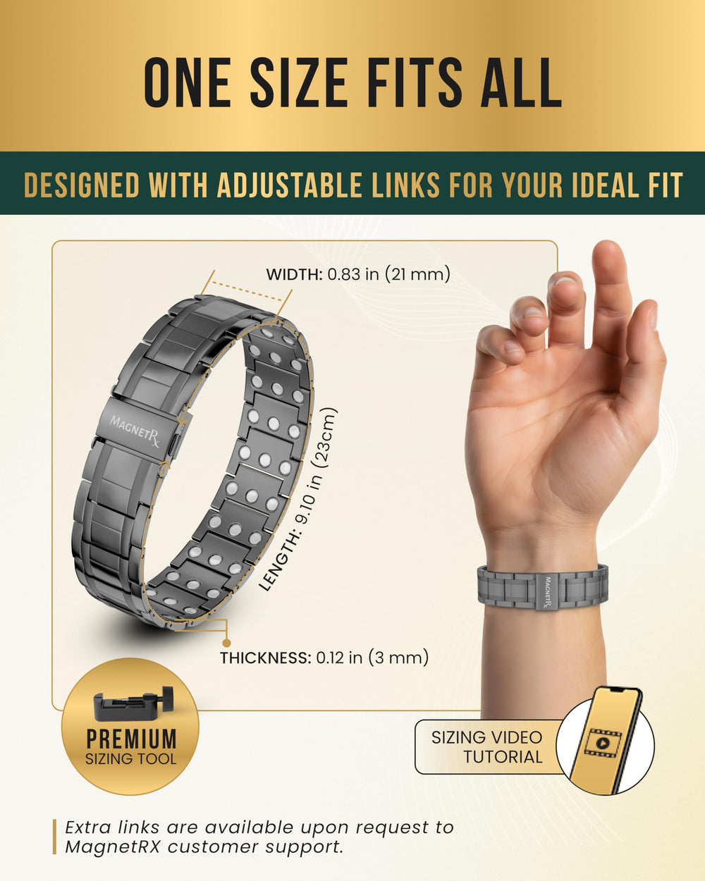Waterproof and sweat resistant MagnetRX titanium bracelet on a wrist.