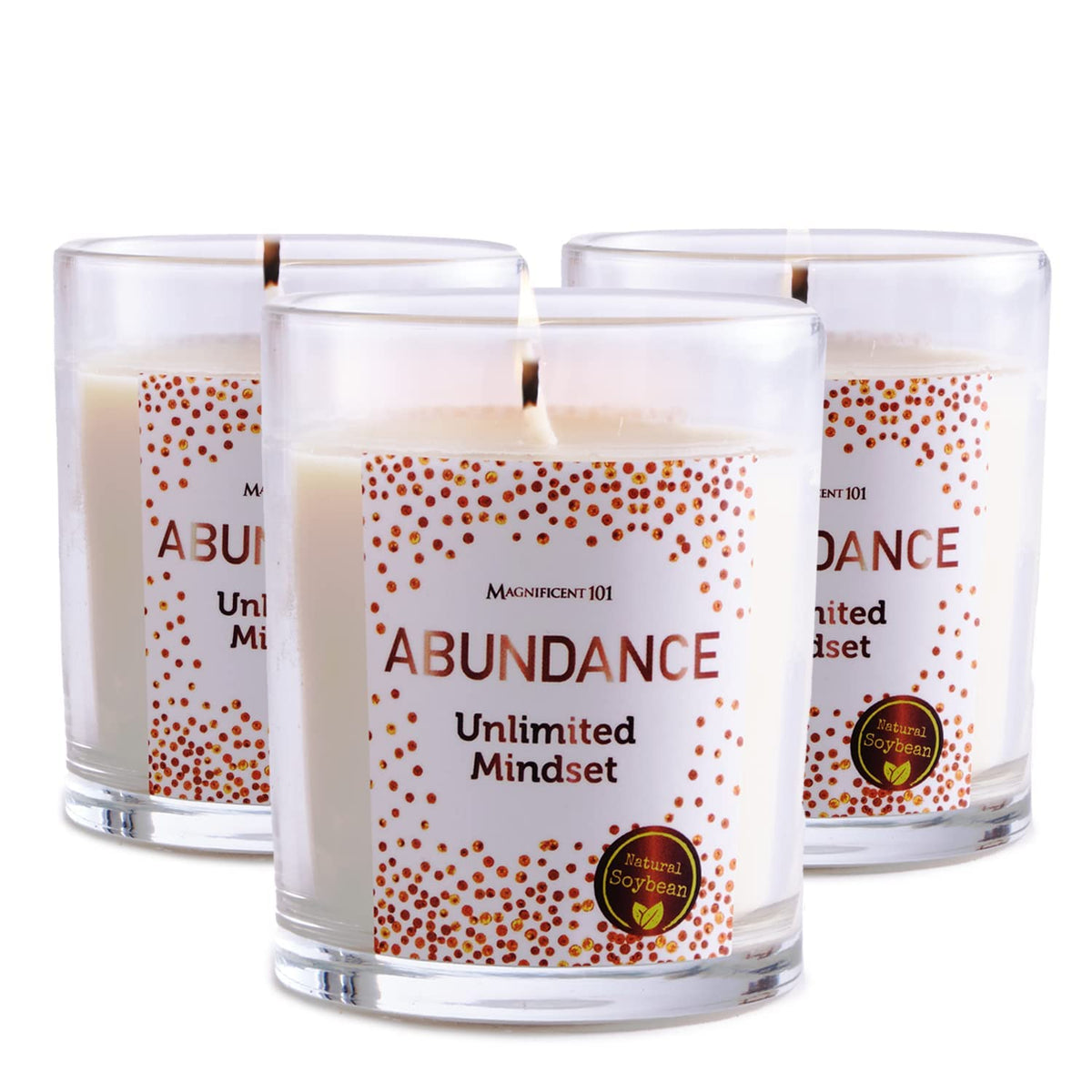 Magnificent 101 Abundance Mindset candle set closeup glow for calm ambience